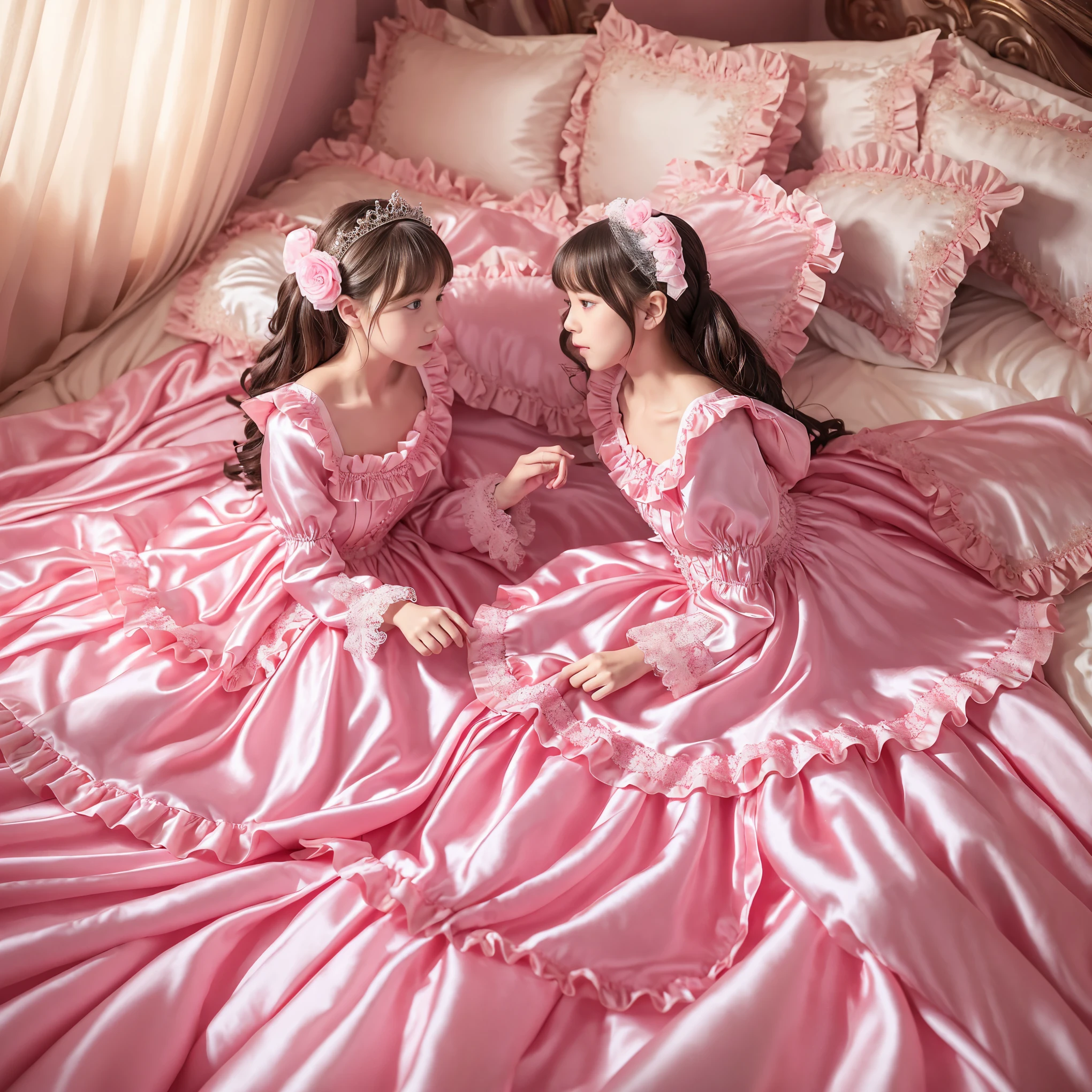 ,highest quality, masterpiece, highest resolution, artwork, super それにget used to it, many get used to it, get used to it, それにget used to it, 3K realistic photos,,(( girls)),Super detailed baby face,both arees,detailed luxury tiara,Full length ball gown dress with hoop skirt,ruffle yoke collar,Detailed braided ribbon at chest,puff sleeves,long sleeve,((lolita style hot pink princess satin dress、Comes with lots of frills and ribbons。)),crazy'colorful fashion,shiny silk satin dress,soft and smooth silk satin fabric,luxury,Very long blonde hair,blue eyes,white skin european,pajamas,((inside the palace)),Princess dancing happily,gorgeous flowing dress,fine white frills and lace,Super long hair that is as tall as your body,white long socks,drawers with lots of frills,castle bedroom at night,Super long flowing hair,on the bed,豪華な天蓋付きon the bed,巨大な広いon the bed,Pink pillow with lots of frills,Silk satin pink curtains with luxurious ruffles and ribbons surround the bed,princess sitting on bed,Pillows piled up behind the princess,A princess leaning on a pile of pillows,Long hair scattered like a fan on the bed,(((Both legs are completely hidden inside the dress))),