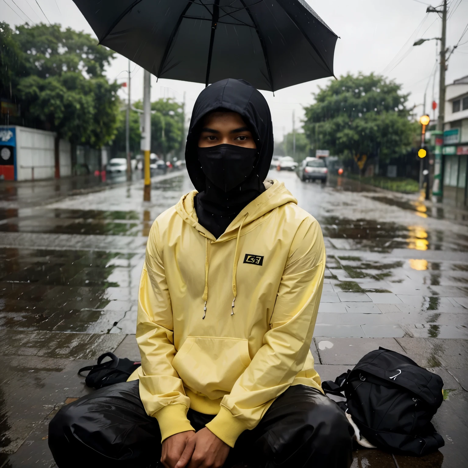 prompt 👇
realistic Bangladeshi 20 Year old cute boy stands sitting on the road with an umbrella and a black mask on, wearing a yellow hoodie with name "ADNAN"  write on it, after rain and no Boys, beautiful lonely boy, with Cute white Cat, rainy mood, realistic picture, pretty girl standing in the rain, emotional picture,profile pic, rainy weather, beautiful realistic photo, ultra realistic picture, rainy day, very beautiful photo, hyperealistic photo, it is
