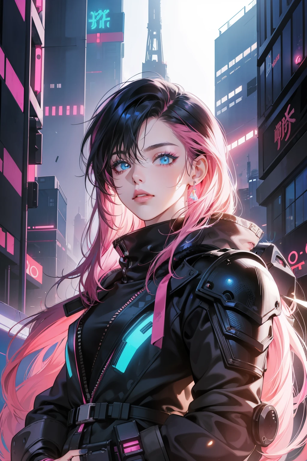 In the gritty, cyberpunk world of neon lights and towering structures, a boy and a girl stand out against the dystopian landscape. The boy, with short, messy black hair and a determined look in his piercing blue eyes, clads himself in a stylish and armored outfit, adorned with intricate patterns and glowing accents. The girl, with long, flowing cyber pink hair that covers one eye, dons a psychedelic costume, revealing just the right amount of skin to tease the imagination. Her cyan eyes sparkle with mischief and curiosity, as she playfully touches the side of her face, emphasizing her bold, pink lips. The dynamic