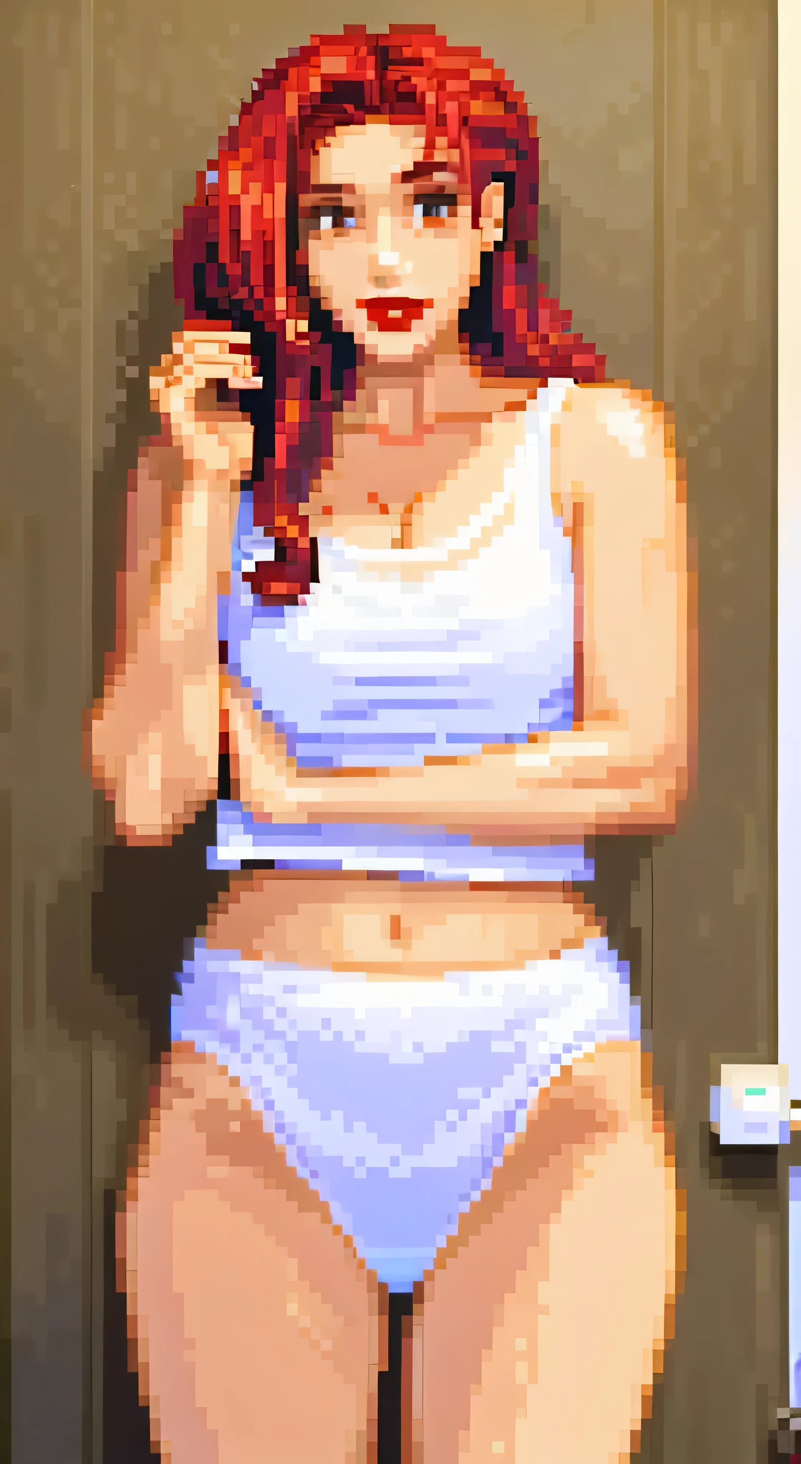 ((((masterpiece, best quality)))), ((33 year old)), (((Curvy))), ((Latina with long red hair)), in ((white tanktop)), ((white high cut panties)), ((Red lipstick)), ((Standing in a messy bathroom)), (((pixel art, pixel, realistic art style)))