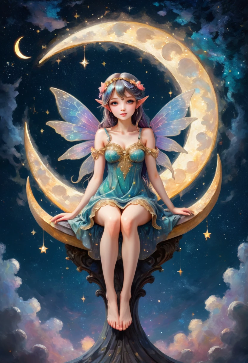Symmetry front view of a beautiful fairy sitting on top of a crescent moon in a starry sky, ornate anime art style, realistic fantasy render, cgsociety and dressed with long fluent clothes, neo-impressionism expressionist style oil painting, smooth post-impressionist impasto acrylic painting, thick layers of colourful textured paint, (best quality, masterpiece, Representative work, official art, Professional, high details, Ultra intricate detailed:1.3)