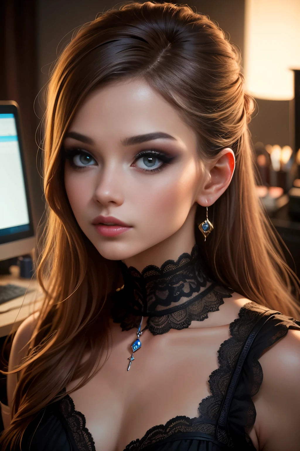 Quality (photo realistic style, UHD, 16k, textured skin, hight resolution), Portrait of a beautiful white woman, The perfect female face, high ponytail hair, wicked smile, evening gown