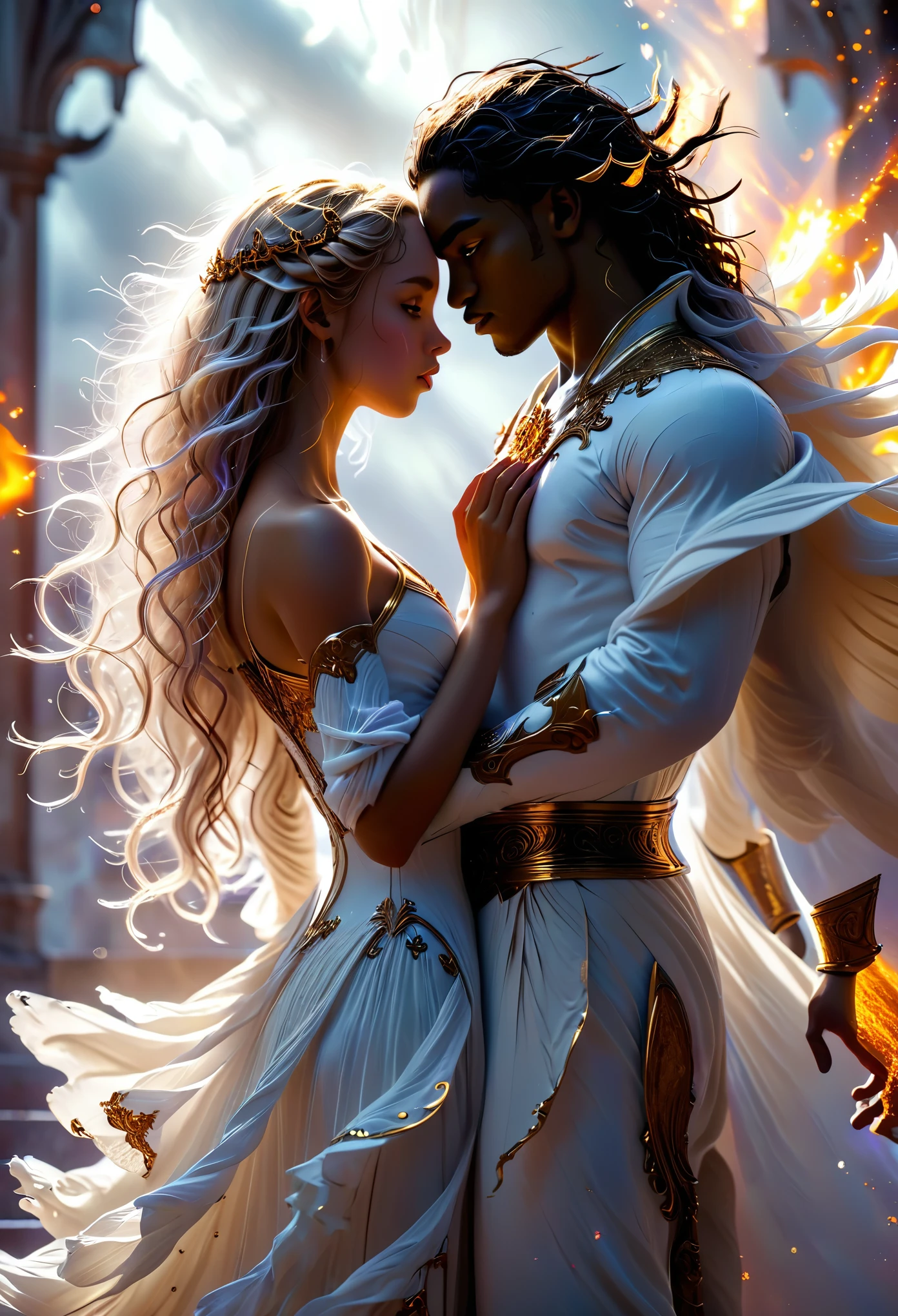 Passionate duo in a celestial landscape, young dark-skinned duo in their 20s, in hell, they are fighting each other, he is a prince of the fallen angels with long curly caramel hair, she is a mixed-race princess, she has freckles, she is blonde with grey eyes, Full body, 8K, extremely detailed, high quality, (photorealistic:1.37), Full body, ideal proportions and defined complexion, meticulously crafted features, unreachable beauty, perfection, breathtaking elegance, g curves, goddess-like figures, divine symmetry, artistic masterpieces, vivid realism, hyper-detailed sculptures, life-like forms, truly awe-inspiring, impeccable craftsmanship, pure radiance, ethereal beauty, delicate contours, striking poses, sublime beauty, subtle nuances, dynamic compositions, vibrant colors, perfect lighting, soulful expressions, celestial aura, majestic presence, dreamlike atmosphere, unmatched gdetailed octane render trending on artstation, 8 k artistic photography, photorealistic concept art, soft natural volumetric cinematic perfect light, chiaroscuro, award - winning photograph, masterpiece, perfect composition, beautiful detailed intricate insanely
