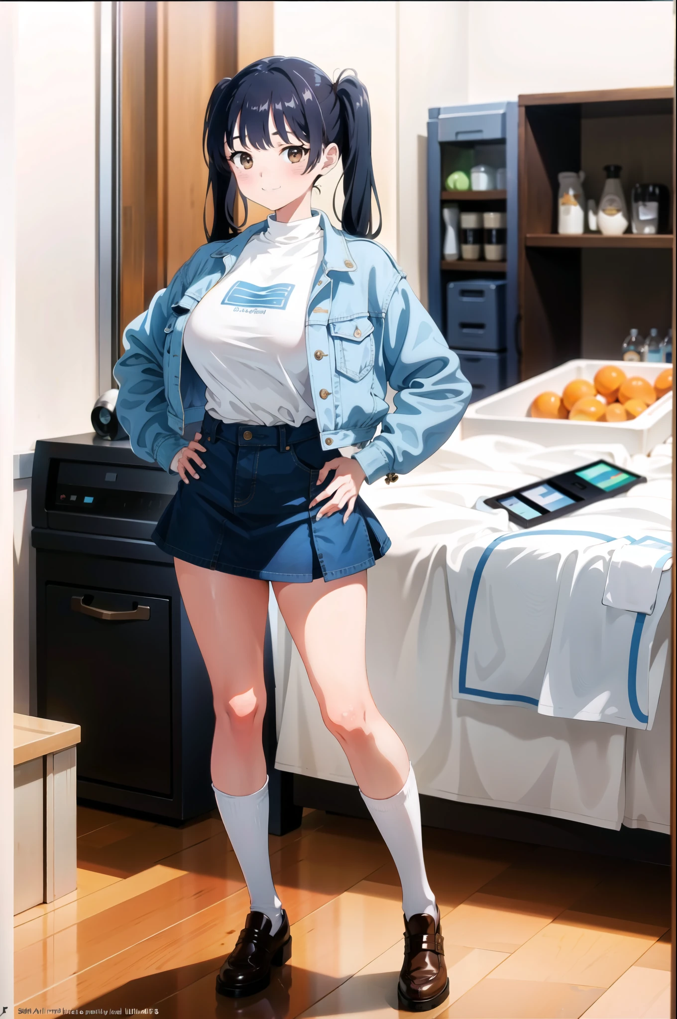 high quality,4K high resolution,UHD,Anatomically correct, cute girl, large breasts, big eye, rose color cheek, upturned smile, Low twin tails, Left Hand on Hip, denim jacket, Mini skirt, Knee-high Socks loafers, sunny beach, Low angle
