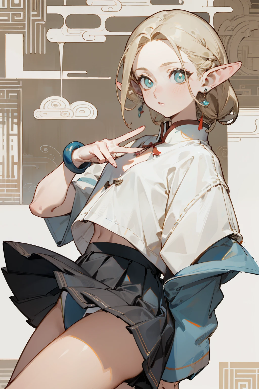 (masterpiece, best quality) detailed,silver accessories , blonde ,elegant, pointed ears ,Chinese element pattern,White shirt,bikini,pleated skirt