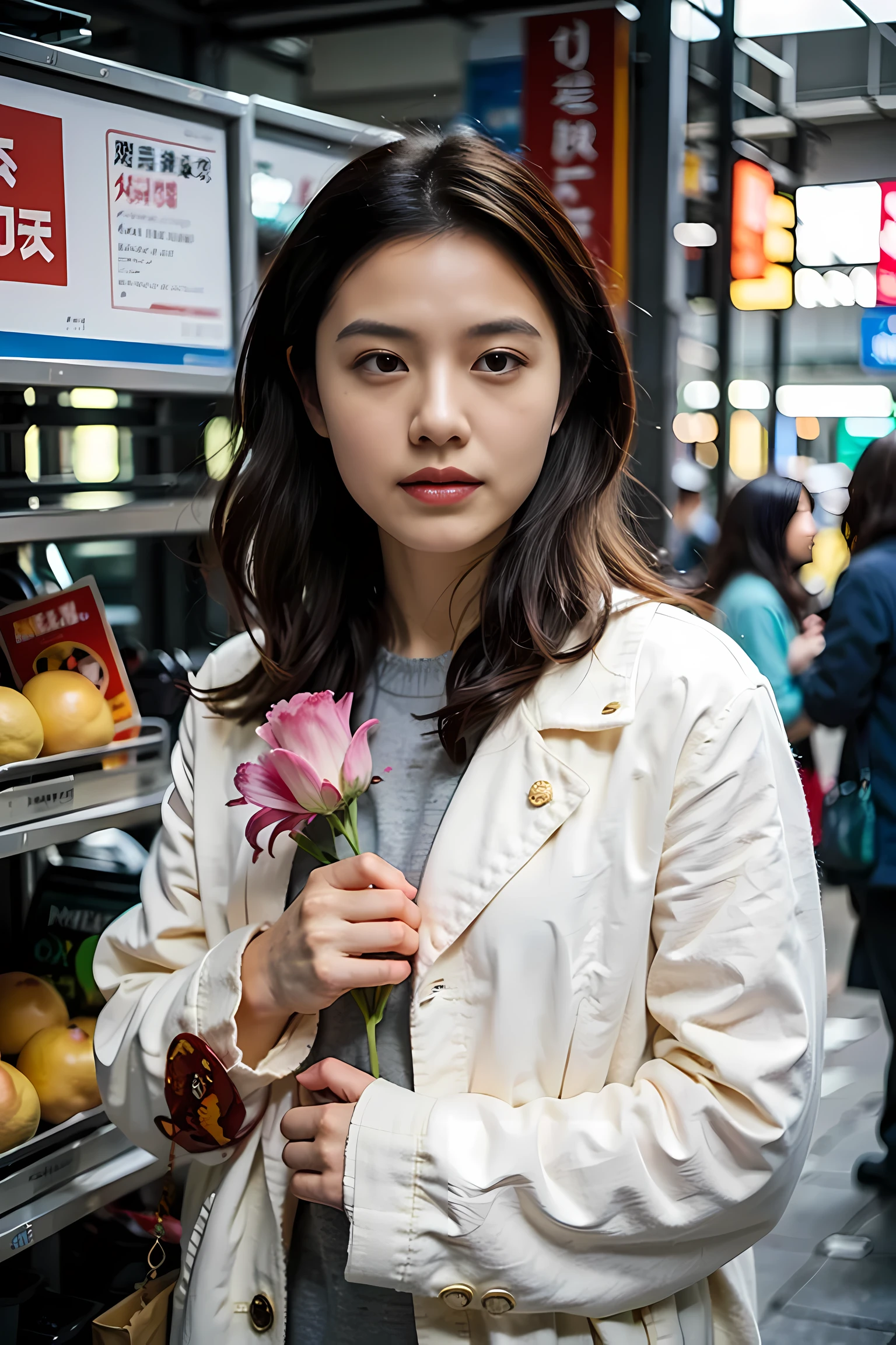 Realistic photography, beautiful young japanese woman , market