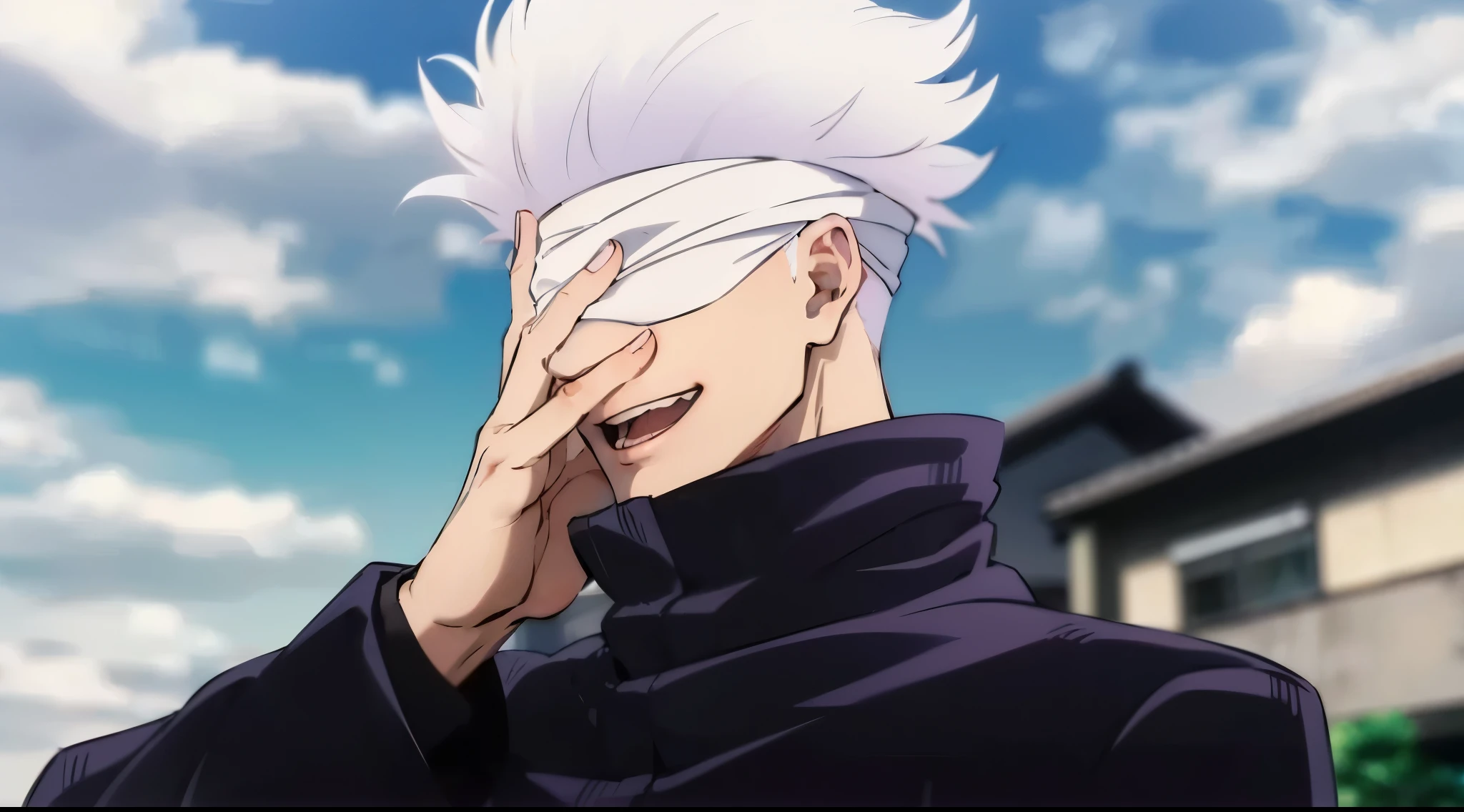 a man named gojo saturo from jujutsu kaisen, motion blur, glowing light, reflection light, blending, drop shadow, textured skin, super detail, highres, 8k