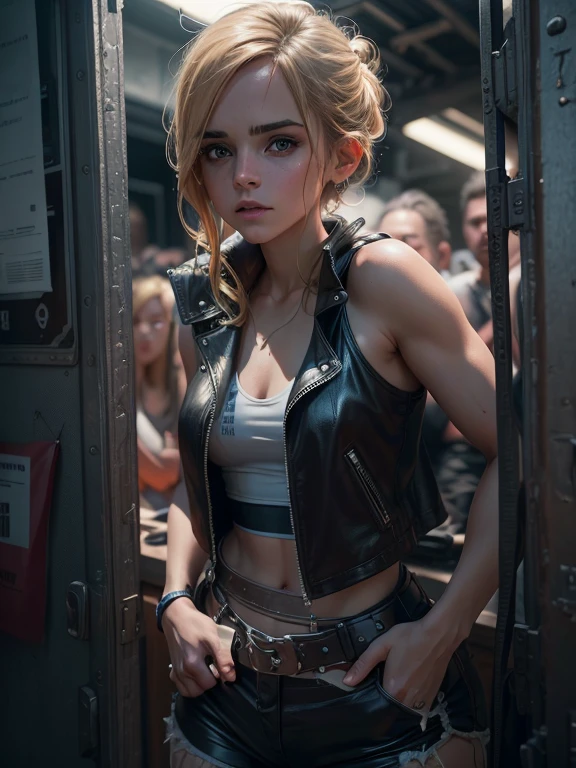 Emma Watson does it ,blonde. Shining blue eyes that speak of innocence and acceptance. Slender frame and beautiful figure. Tight leather shorts. crop top. Outside the spacecraft. Muscles exposed through torn clothes. SF. from the back. Please think back.RAW photo, Shapuri, by lee jeffries nikon d850 film stock photo graph 4 kodak portra 400 camera f1.6 lens rich colors hyper 現実的な lifelike texture dramatic lighting unrealengine trending on artstation cinestill 800,
