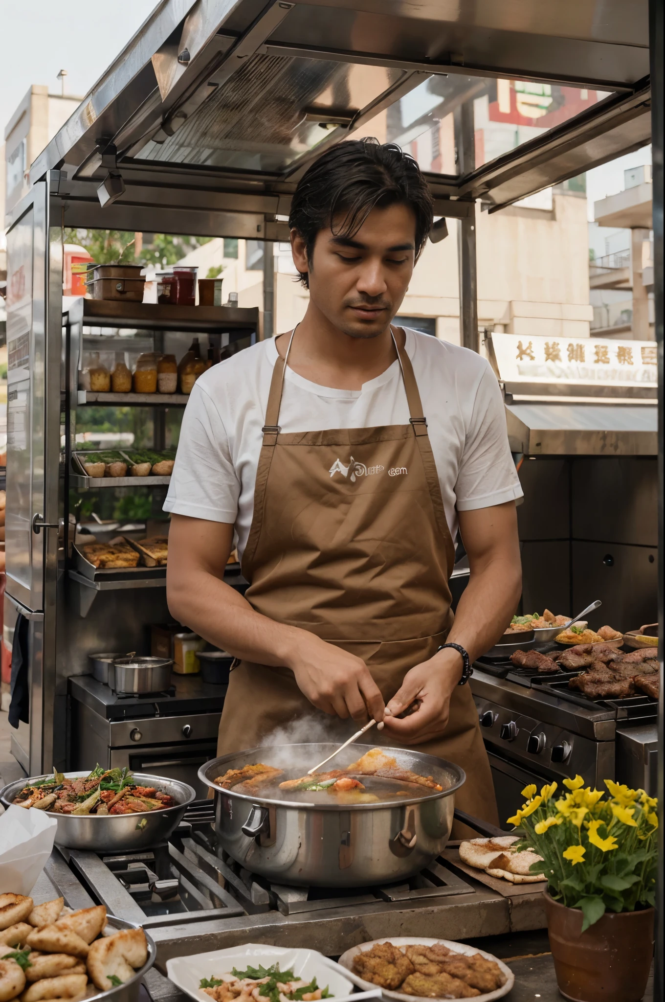 (best quality,photorealistic,professional:1.2),sizzling street food stalls,men, outdoor cuisine,naturalistic photography, clear face