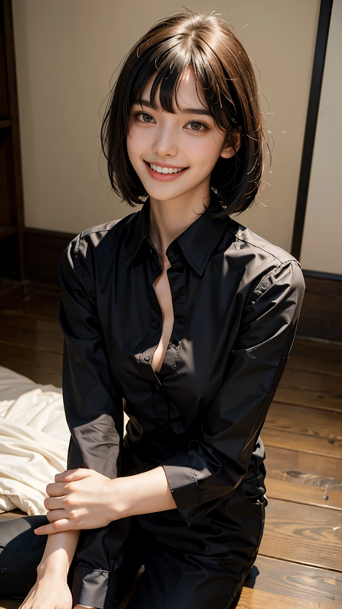 highest quality, masterpiece, ultra high resolution, (realistic:1.4), thinウエスト,thin脚,thin and beautiful arms,beautiful fingers,because I'thin,Medium chest,soft chest,(portrait on all fours) RAW photo, 1 girl,20-year-old,((In a Japanese room)),((1 black collared shirt)),messy hair,((short straight hair jet black hair)),((Bangs short hair)),realistic,picture media chest)),((toothy smile)),((big smile))