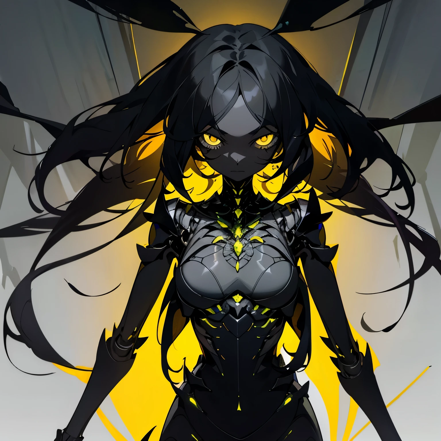 Character sheet list, concept arts, multiple poses and expressions, short stature, knee length portrait, insect girl, dark black skin, black skin, smooth chitinous skin, ((dividing lines on skin)), long black hair, (long messy hair) , yellow eyes, many eyes, articulated body, dark modernistic landscapes in pale green and gray steel lights, highly detailed art, many details