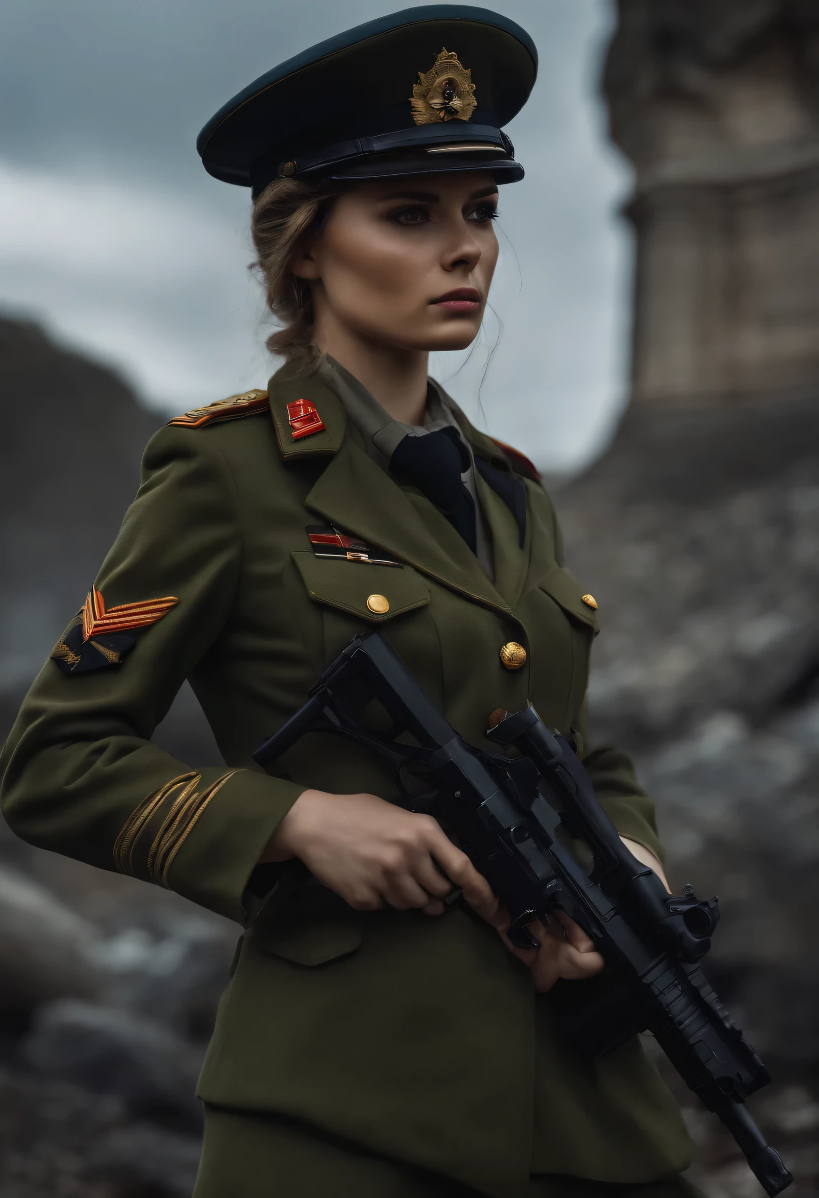 Tanya Degurechaff, Military uniform, short stature, psychotic eyes, destroyed scenery, side view, hold gun, dark style