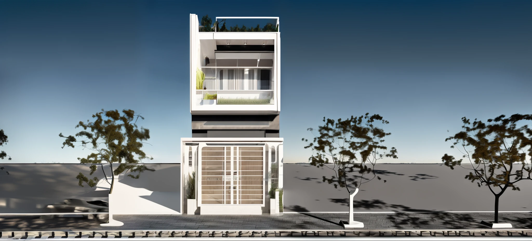 rendu d'a two-story building with a balcony and a balcony, vue de face, complete house, front elevation view, vue de face, Residential design, exterior design, Vue de face, Point de vue de face, maison conceptuelle, middle view, Esquisse - vers le haut, Realistic concept, front elevation, conceptuel, 3/4 realistic views, Residential, front side view, full view