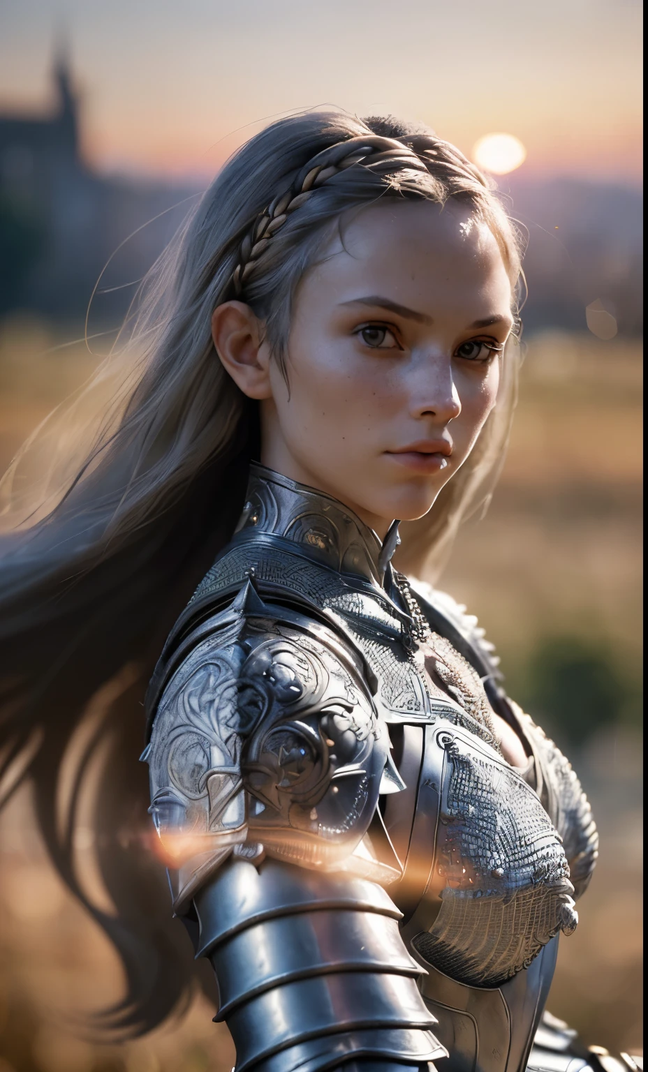 (masterpiece), (extremely intricate:1.3), (realistic), portrait of a girl, the most beautiful in the world, (medieval armor), metal reflections, upper body, outdoors, intense sunlight, far away castle, professional photograph of a stunning woman detailed, sharp focus, dramatic, award winning, cinematic lighting, octane render unreal engine, volumetrics dtx, (film grain, blurry background, blurry foreground, bokeh, depth of field, sunset, motion blur:1.3), chainmail