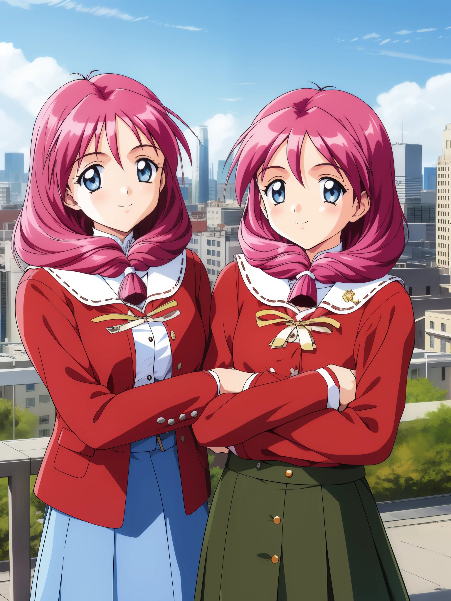 shirayuki, 2 girls, multiple girls, twins, smile, brother, sisters, blue eyes,  long sleeve, skirt, retro artstyle, twins, long hair,  1990s (style), chest, brother,  low length,
break,  hug, cheeks and cheeks, looking at the viewer, city, Day,
masterpiece, expensive quality, very_expensive_solve, big_file size, full color,