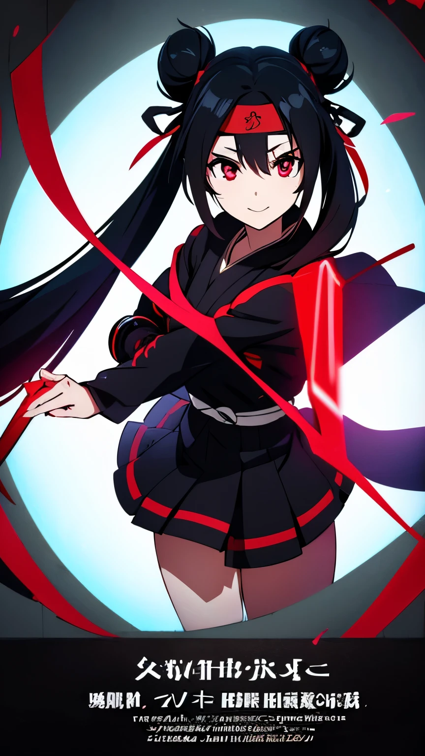 anime visual of a cute girl, young anime girl, an anime girl, ((Black hair)), ((Sharingan eyes)), red eyes, bun pigtails hairstyles, ((shinobi headband)), kunoichi, anbu armor, shinobi clothes, ((outside in the Forrest)), ((red ribbon around hair buns)), black clothes, (glowing eyes), high resolution, extremely detailed CG unity 8k wallpaper, ((masterpiece)), ((top-quality)), (beautiful illustration), ((an extremely delicate and beautiful)), (masterpiece, Best quality, ultra high resolution), 1 girl, pale skin, red eyes, Luminous_eyes, neon red eyes, ultra detailed eyes, Beautiful and detailed face, detailed eyes, (Centered, torso), (wide shot:0.9), facing the viewer, back towards camera, low angle, (floating hair), character focus, ((black light)), ((dark lighting)), cinematic lighting ,(darkness), (concept art), ((Happy face)), dark black hair, ((red eyes)), (wearing red shinobi dress), AAA cup, full body