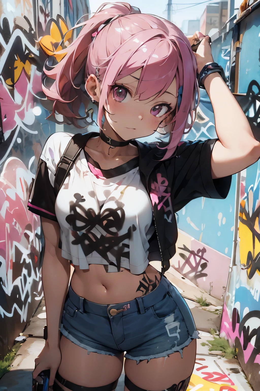 absurdres, best quality,1girl, solo, happy, baddie, streaked pink hair, crop top, denim shorts, choker, (graffiti:1.5), paint splatter, arms behind back, (slouching), leaning back, against wall, (leaning to the side:0.25), looking at viewer, armband, thigh strap, streaked hair, paint on body, upturned eyes, head down, head tilt, (from side:0.75), bored, (expressionless:0.75)
