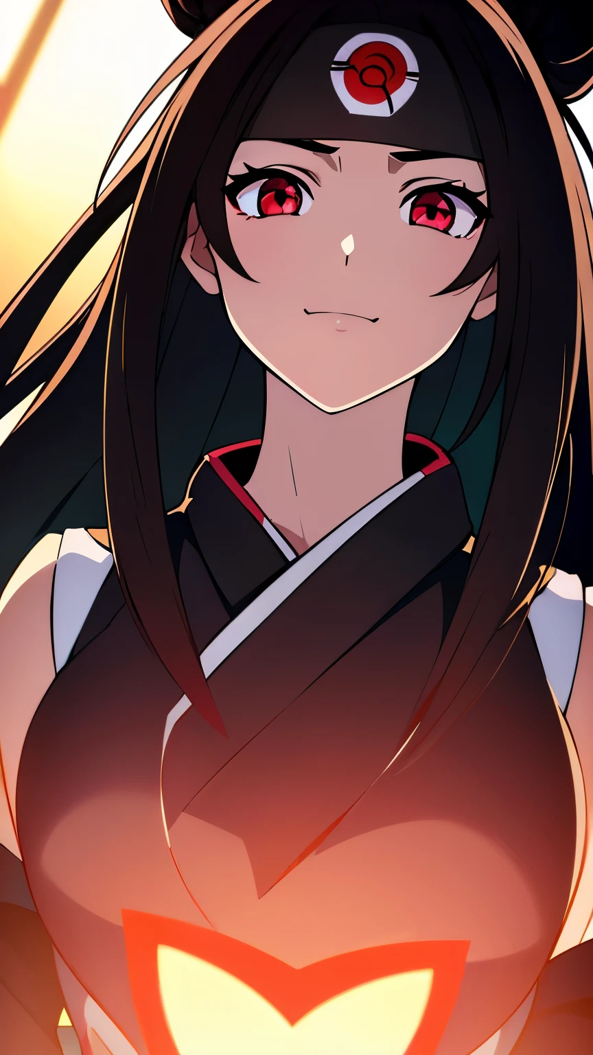 anime visual of a cute girl, young anime girl, an anime girl, ((Black hair)), ((Sharingan eyes)), red eyes, bun pigtails hairstyles, ((shinobi headband)), kunoichi, anbu armor, shinobi clothes, ((outside in the Forrest)), ((red ribbon around hair buns)), black clothes, (glowing eyes), high resolution, extremely detailed CG unity 8k wallpaper, ((masterpiece)), ((top-quality)), (beautiful illustration), ((an extremely delicate and beautiful)), (masterpiece, Best quality, ultra high resolution), 1 girl, pale skin, red eyes, Luminous_eyes, neon red eyes, ultra detailed eyes, Beautiful and detailed face, detailed eyes, (Centered, torso), (wide shot:0.9), facing the viewer, back towards camera, low angle, (floating hair), character focus, ((black light)), ((dark lighting)), cinematic lighting ,(darkness), (concept art), ((Happy face)), dark black hair, ((red eyes)), (wearing red shinobi dress), AAA cup, full body