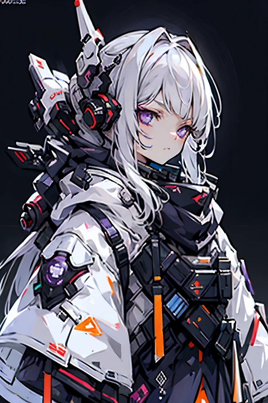 1girl, white hair, long hair, techwear, masterpiece, bestquality, realistic, realism, dark purple jacket, portrait, detailed eyes