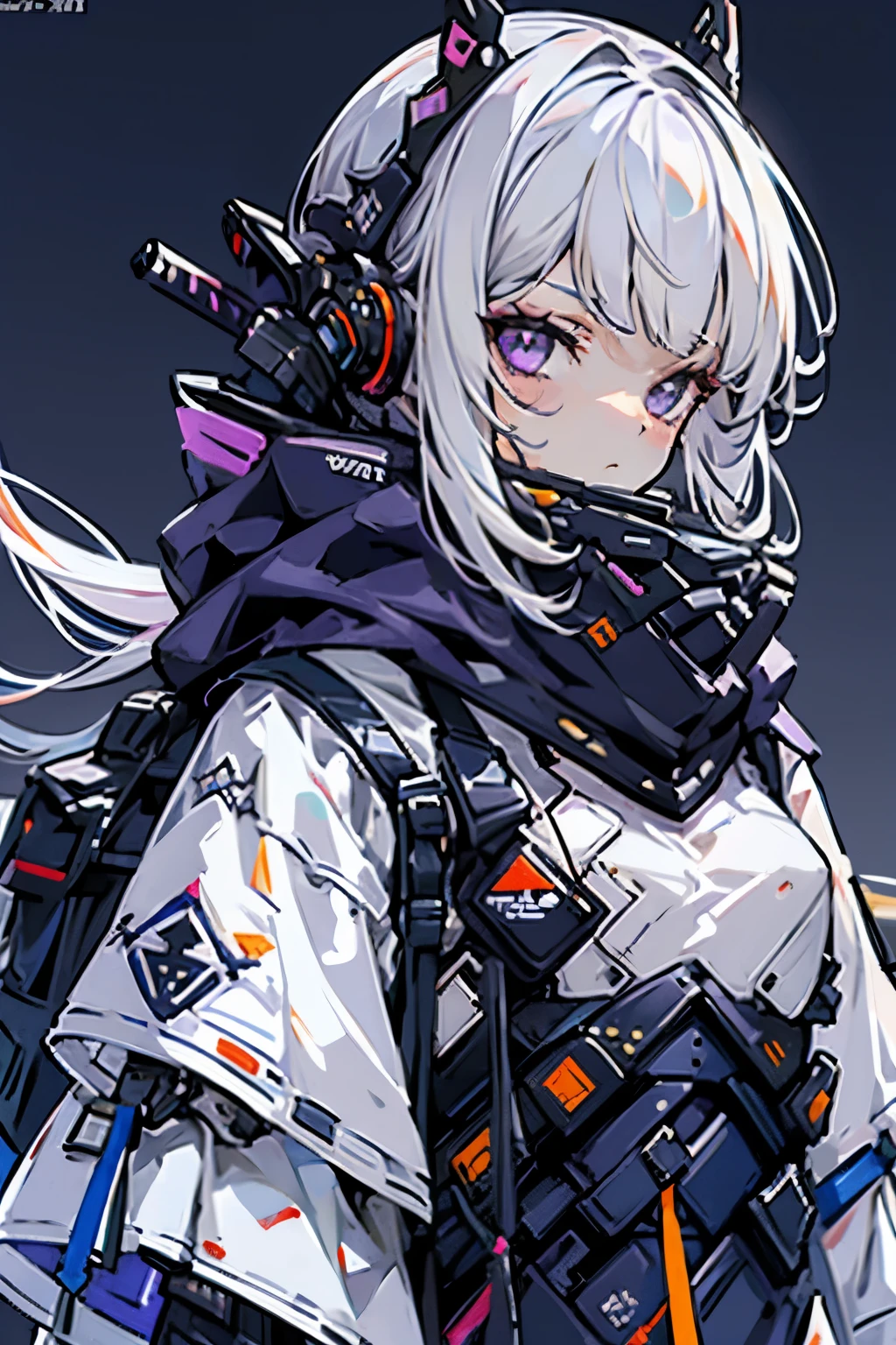 1girl, white hair, long hair, techwear, masterpiece, bestquality, realistic, realism, dark purple jacket, portrait, detailed eyes