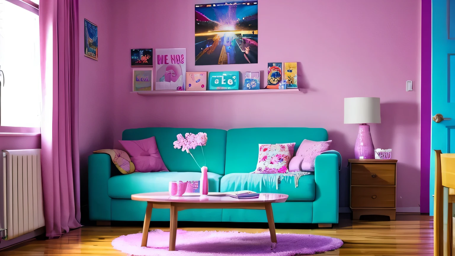 There is a sofa in front of the straight living room..。 The walls and floors are decorated with KPOP posters and goods..。 There'It's a clock on the wall。This is a room for a age female living alone..。Most of the accessories are pink and light blue.。There is a pink or light blue light.。no table。I can see the floor。