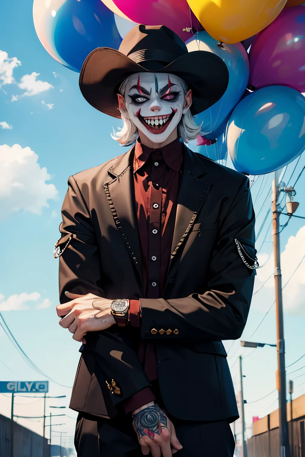 A twisted clown with a sinister grin, lurking in the shadows of a desolate alleyway, surrounded by a sea of brightly colored balloons,4K.hd