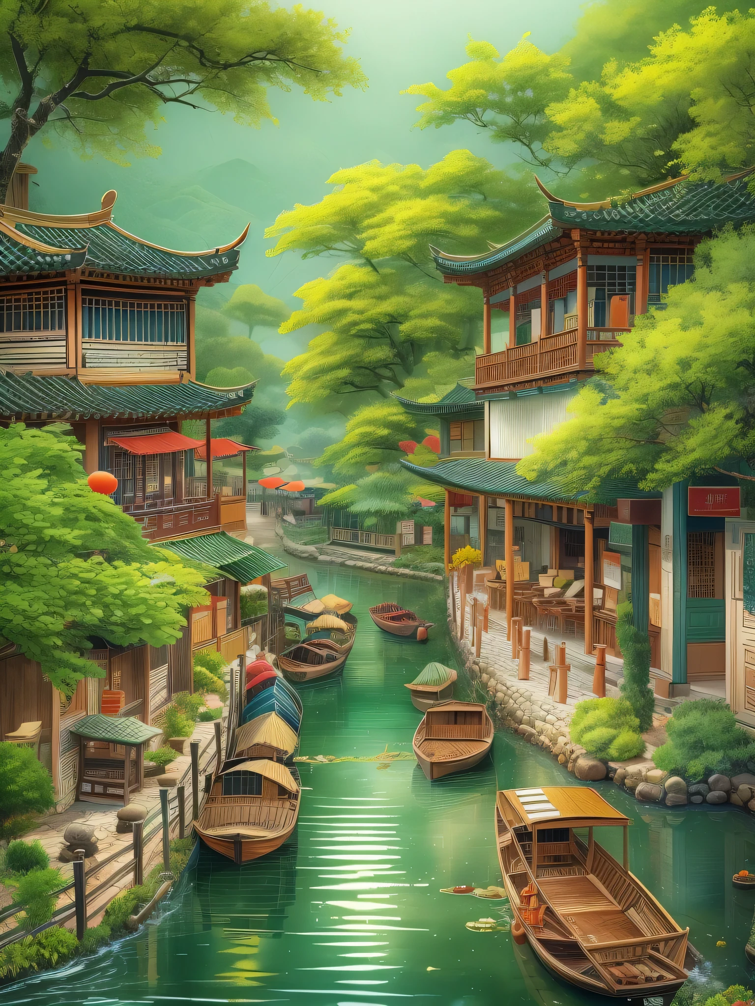 (best quality,4k,8k,high resolution,masterpiece:1.2),Super detailed,(actual,photoactual,photo-actual:1.37),ceramic art,ancient town,scenic river,Beautiful bridge,traditional building,ceramic art:1.1,Exquisite details,Lively atmosphere,Exquisite craftsmanship,peaceful river view,quaint neighborhood,peaceful scenery,Peaceful waterways,A harmonious blend of nature and culture,bright colors:green,blue,soft sunshine,reflection on water,traditional wooden boat,Traditional folk music,cultural heritage,Heritage preservation,peaceful garden,Historic buildings,Traditional Chinese garden,antique water mill,Artistic seal design:1.1,Carefully carved seal,Chinese traditional calligraphy and painting,Traditional costumes,curved bamboo bridge,willow,stone paved path,The simple lifestyle of local people,Authentic local food,Colorful fishing boats,ancient temple,Floating Market,poetic charm,fantastic scenery,Embrace nature and history,Cherished traditions and customs.