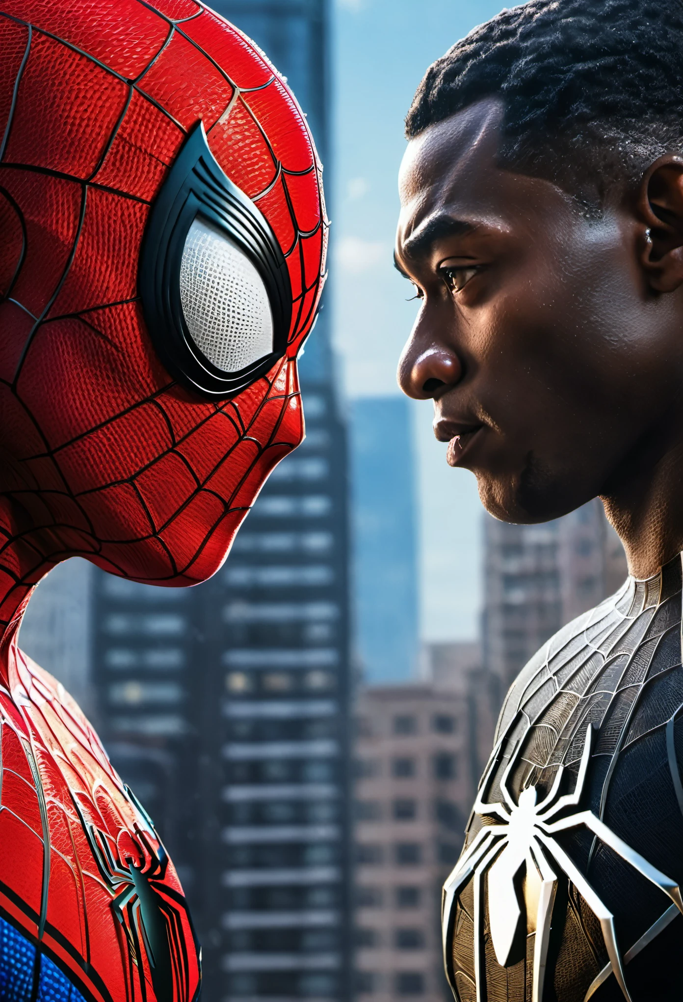 Spider-Man with two different faces, (Vertical splicing:1.5), half human, Banxia, People and heroes are of the same mind, With perfect details, animation art style, Large murals, Bright contrast between light and dark, strong facial expressions, octane rendering, 2.5D