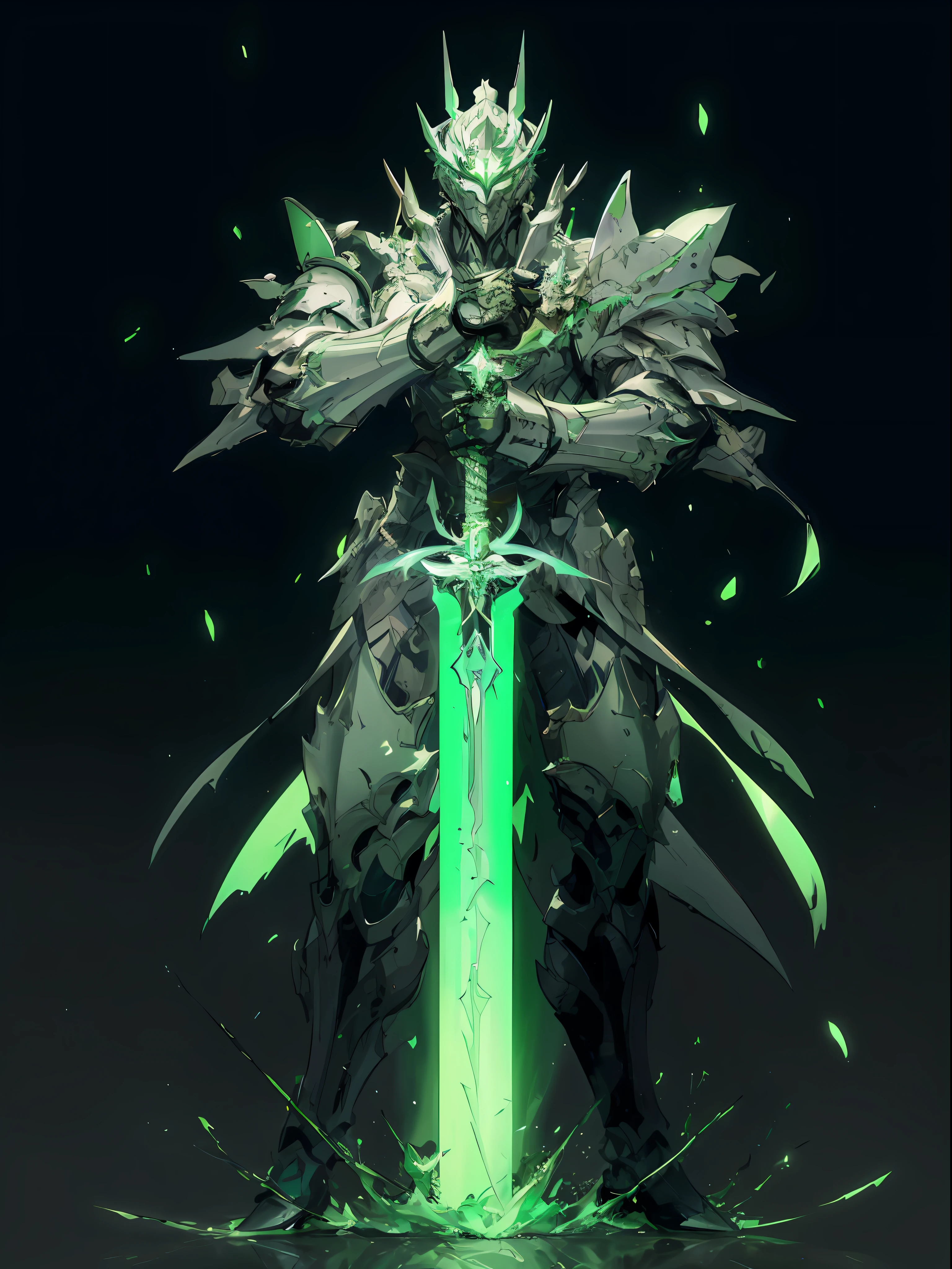 Close-up of a man holding a green lantern sword., Glowing green spirit blade, Glow Sword, Glow Swordอยู่ในมือ, Intricate glowing machine armor, Krenz Kuchart and Wenjun Lin., Sleek, glowing armor, Stunning 8K character concept art, Duelyst style, Krenz Kuchart and Artem Demoura