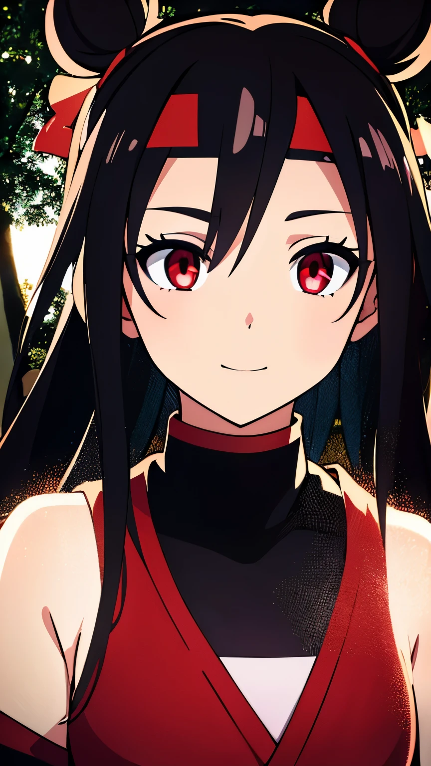 anime visual of a cute girl, young anime girl, an anime girl, ((Black hair)), ((Sharingan eyes)), red eyes, bun pigtails hairstyles, ((shinobi headband)), kunoichi, anbu armor, shinobi clothes, ((outside in the Forrest)), ((red ribbon around hair buns)), black clothes, (glowing eyes), high resolution, extremely detailed CG unity 8k wallpaper, ((masterpiece)), ((top-quality)), (beautiful illustration), ((an extremely delicate and beautiful)), (masterpiece, Best quality, ultra high resolution), 1 girl, pale skin, red eyes, Luminous_eyes, neon red eyes, ultra detailed eyes, Beautiful and detailed face, detailed eyes, (Centered, torso), (wide shot:0.9), facing the viewer, back towards camera, low angle, (floating hair), character focus, ((black light)), ((dark lighting)), cinematic lighting ,(darkness), (concept art), ((Happy face)), dark black hair, ((red eyes)), (wearing red shinobi dress), AAA cup, full body