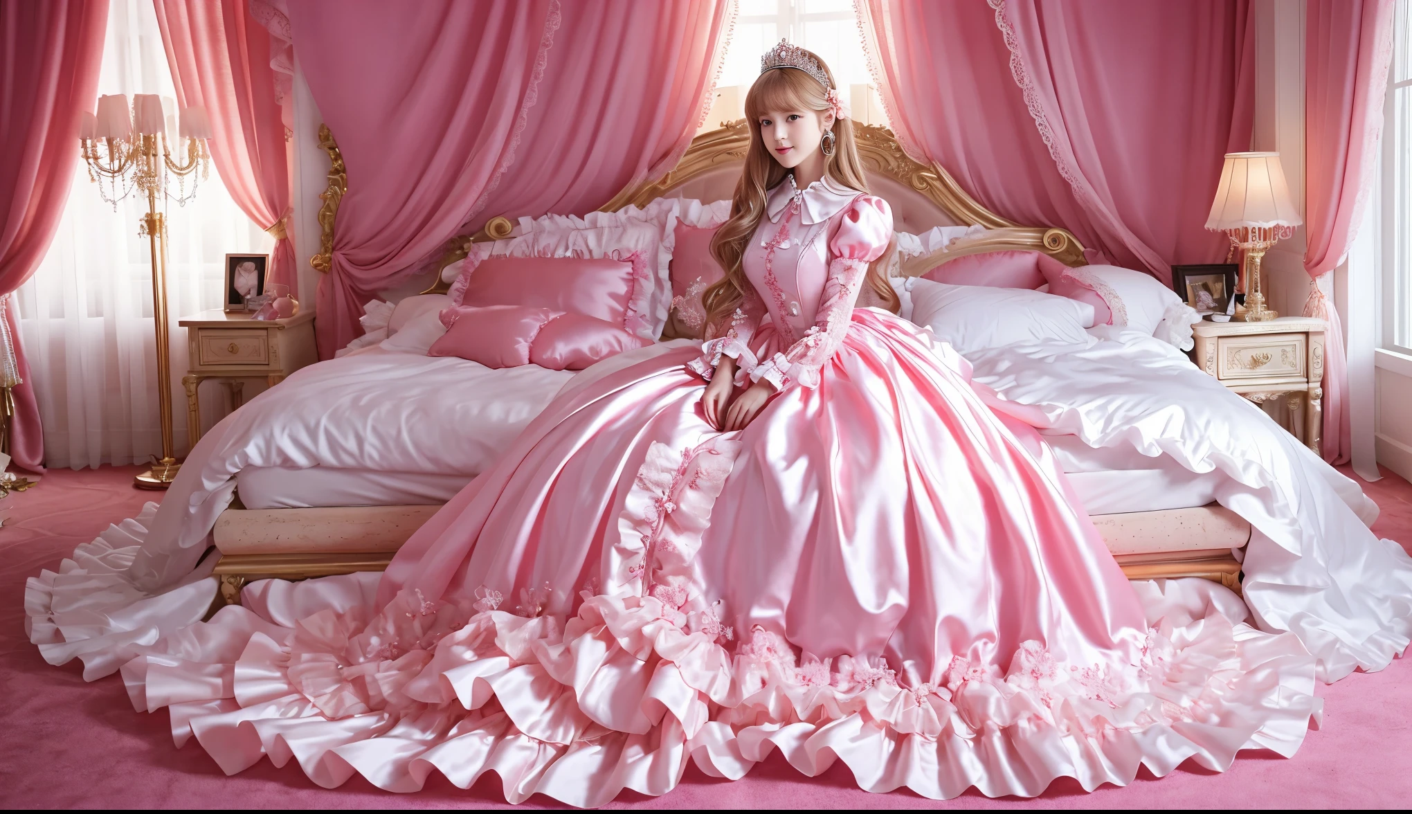 ,highest quality, masterpiece, highest resolution, artwork, super それにget used to it, many get used to it, get used to it, それにget used to it, 3K realistic photos,,((10 year old little girls)),Super detailed baby face,both are princesses,detailed luxury tiara,Full length ball gown dress with hoop skirt,ruffle yoke collar,Detailed braided ribbon at chest,puff sleeves,long sleeve,((lolita style hot pink princess satin dress、Comes with lots of frills and ribbons。)),crazy&#39;colorful fashion,shiny silk satin dress,soft and smooth silk satin fabric,luxury,Very long blonde hair,blue eyes,white skin european,pajamas,((inside the palace)),Princess dancing happily,gorgeous flowing dress,fine white frills and lace,Super long hair that is as tall as your body,white long socks,drawers with lots of frills,castle bedroom at night,Super long flowing hair,on the bed,豪華な天蓋付きon the bed,巨大な広いon the bed,Pink pillow with lots of frills,Silk satin pink curtains with luxurious ruffles and ribbons surround the bed,princess sitting on bed,Pillows piled up behind the princess,A princess leaning on a pile of pillows,Long hair scattered like a fan on the bed,(((Both legs are completely hidden inside the dress))),