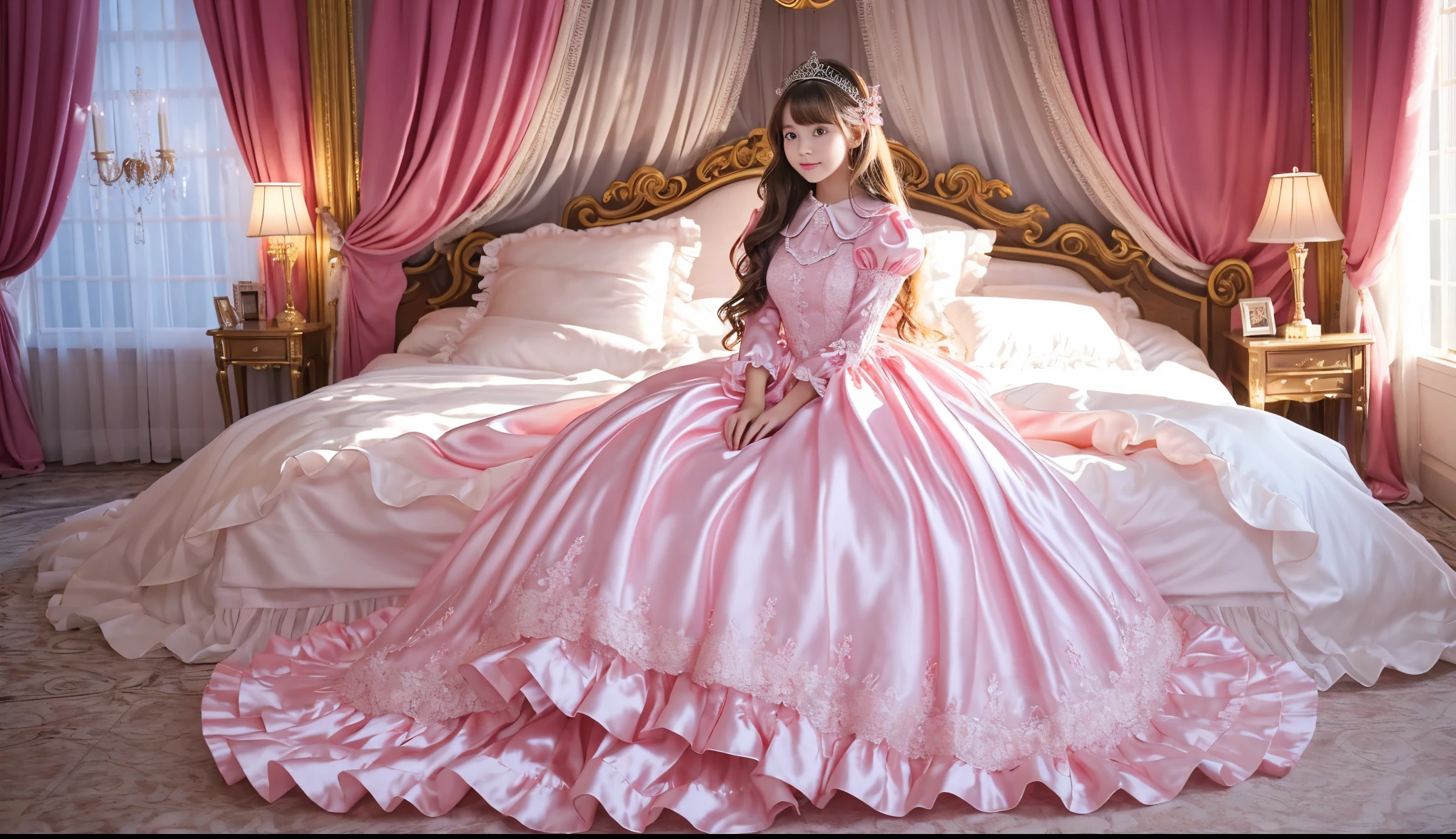 ,highest quality, masterpiece, highest resolution, artwork, super それにget used to it, many get used to it, get used to it, それにget used to it, 3K realistic photos,,((10 year old little girls)),Super detailed baby face,both are princesses,detailed luxury tiara,Full length ball gown dress with hoop skirt,ruffle yoke collar,Detailed braided ribbon at chest,puff sleeves,long sleeve,((lolita style hot pink princess satin dress、Comes with lots of frills and ribbons。)),crazy&#39;colorful fashion,shiny silk satin dress,soft and smooth silk satin fabric,luxury,Very long blonde hair,blue eyes,white skin european,pajamas,((inside the palace)),Princess dancing happily,gorgeous flowing dress,fine white frills and lace,Super long hair that is as tall as your body,white long socks,drawers with lots of frills,castle bedroom at night,Super long flowing hair,on the bed,豪華な天蓋付きon the bed,巨大な広いon the bed,Pink pillow with lots of frills,Silk satin pink curtains with luxurious ruffles and ribbons surround the bed,princess sitting on bed,Pillows piled up behind the princess,A princess leaning on a pile of pillows,Long hair scattered like a fan on the bed,(((Both legs are completely hidden inside the dress))),