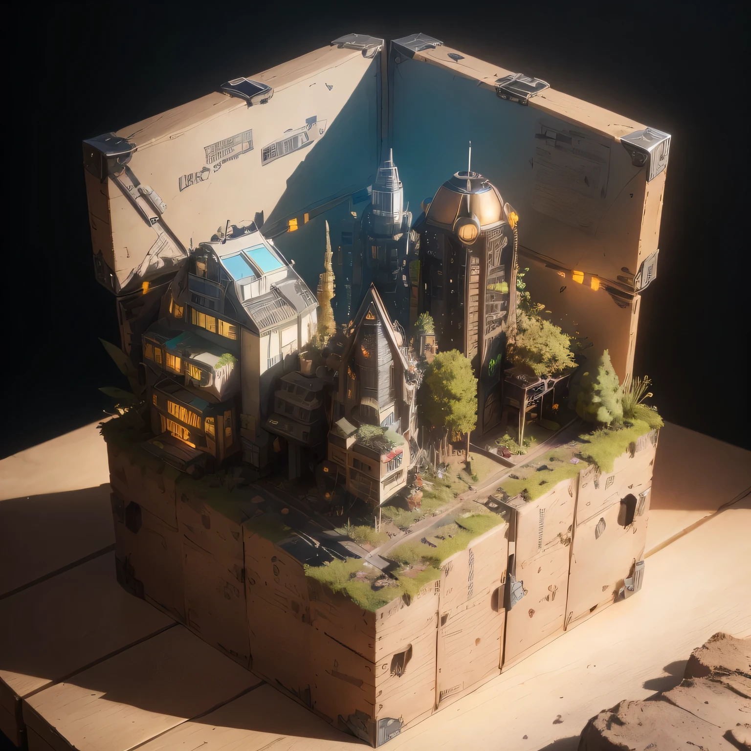 3598年Mars realistic model, (split ends, original photo, best quality, masterpiece:1.4),Steampunk Cyberpunk 6820 City,(CyberpunkMars light:1.3), Mars (related to land),(in a small nature box:1.3),Isometric, small nature, landscape on foundation,landscape,