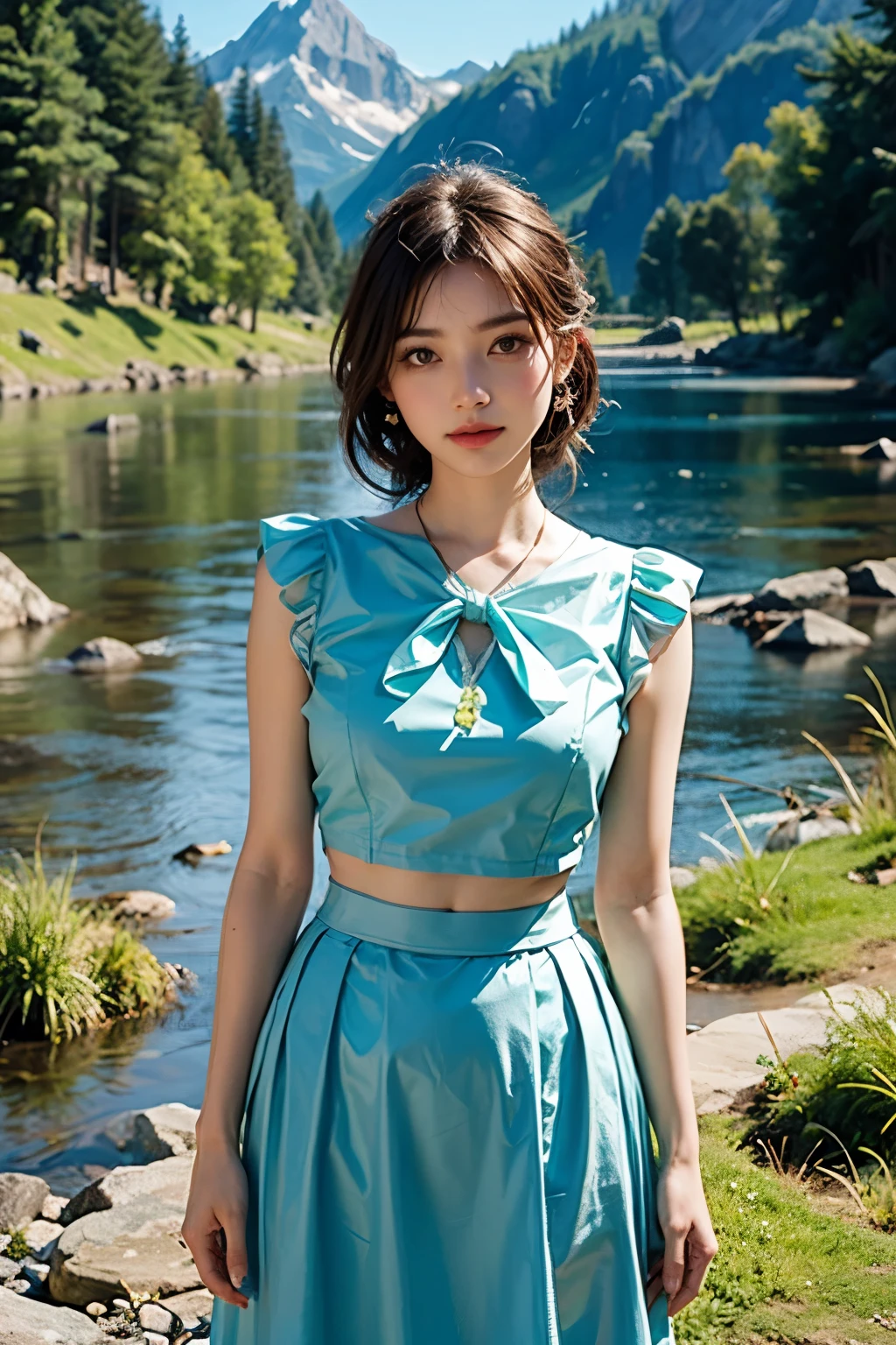 ideal tits, cyan blouse, stomach, skirt, grass mountain river flower background