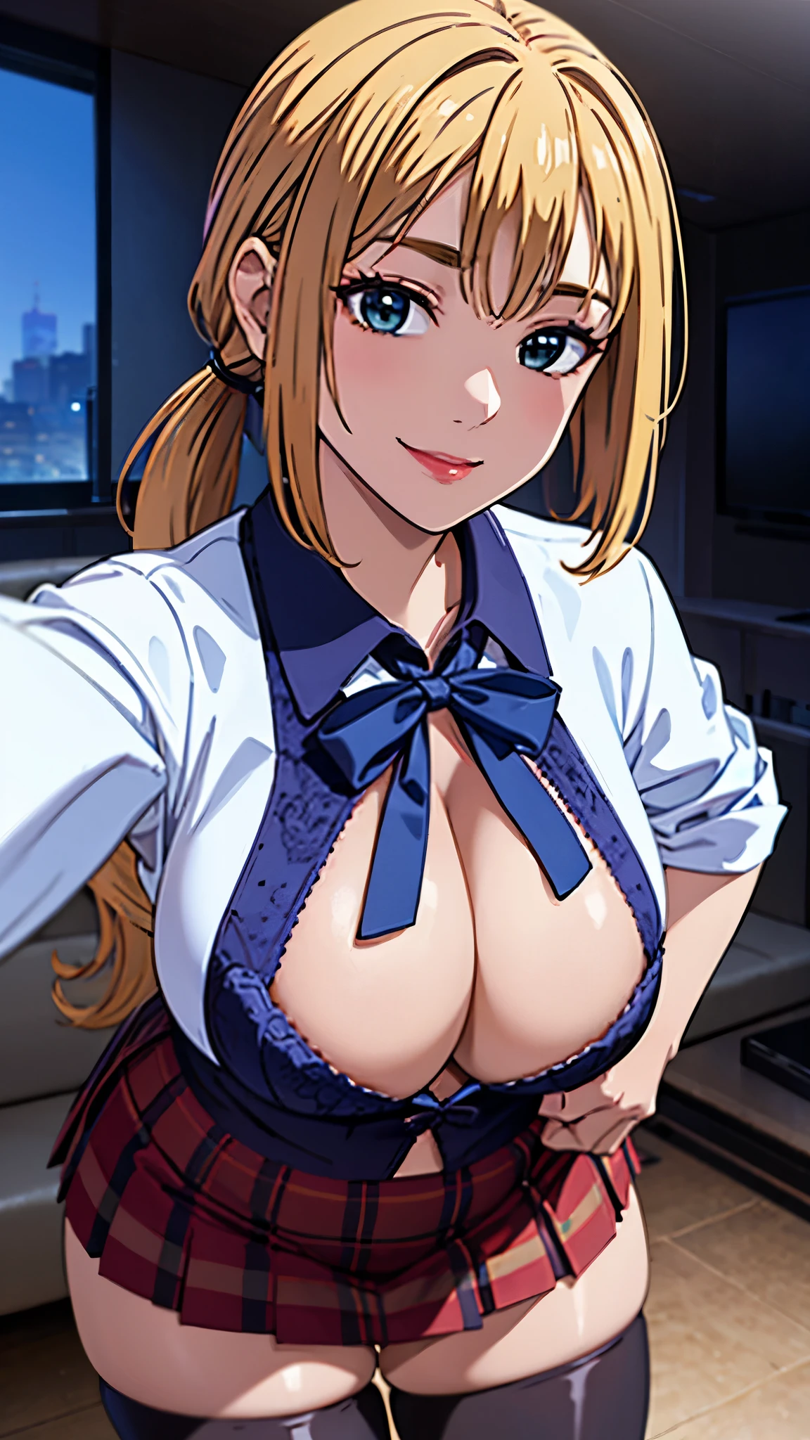 single, alone, smooth texture:0.75, realistic texture:0.65, realistic:1.1、High resolution, ( beautiful and aesthetic:1.2), Super detailed, dynamic angle, looking at the viewer, from below, (Improve:1.5), blonde hair, ribbon on head、ponytail、curly hair, long eyelashes, long eyebrows, smile, Thighhighs, (big breasts:1.8), cleavage,(White shirt with open front、shirt that fits your skin、), living room, plaid mini skirt,Grab the nipple with both hands、leaning forward、Pose that sticks out the chest、Lift up your skirt and show your pants、Perforated pants、