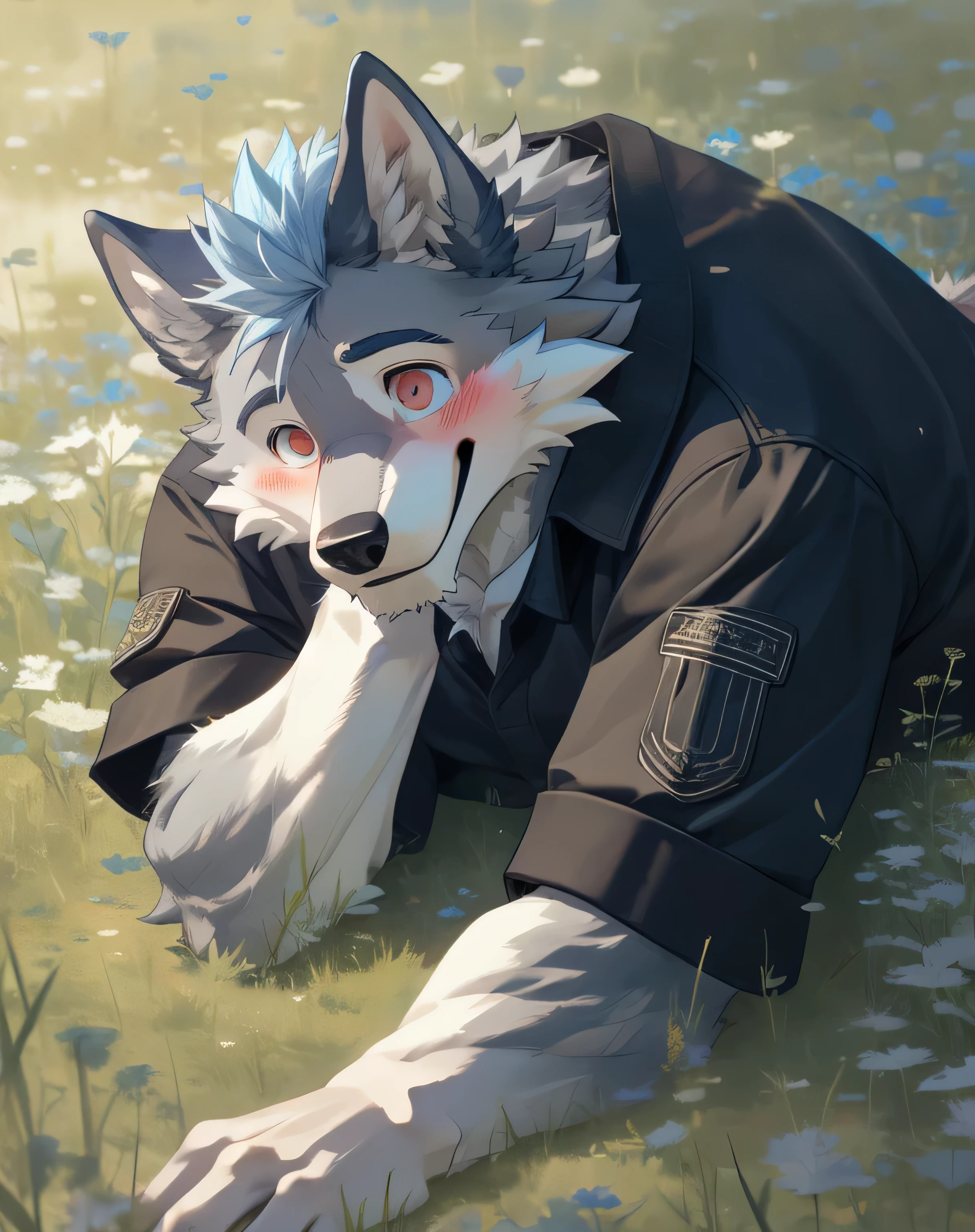 masterpiece, alone,hairy, Wolf, (gray fur,white body:1.5), cannon, three quarter portrait, human nature, male,, detailed, empty, (black leggings, Black skinny shorts:0.5),Strong,blush,leaning against wall,look at camera,Bottom Up,light blue hair,Blue-red eyes,right hand pocket,(big and bright eyes:1.5),Wolf耳,it'On a beautiful face,anatomically correct paws,Limbs are anatomically correct,Strong and young,微笑的masterpiece,Smile and show your teeth,Height 200 cm,(wear:1.2),(happy expression:0.8),(lying on the grass:1.5)
