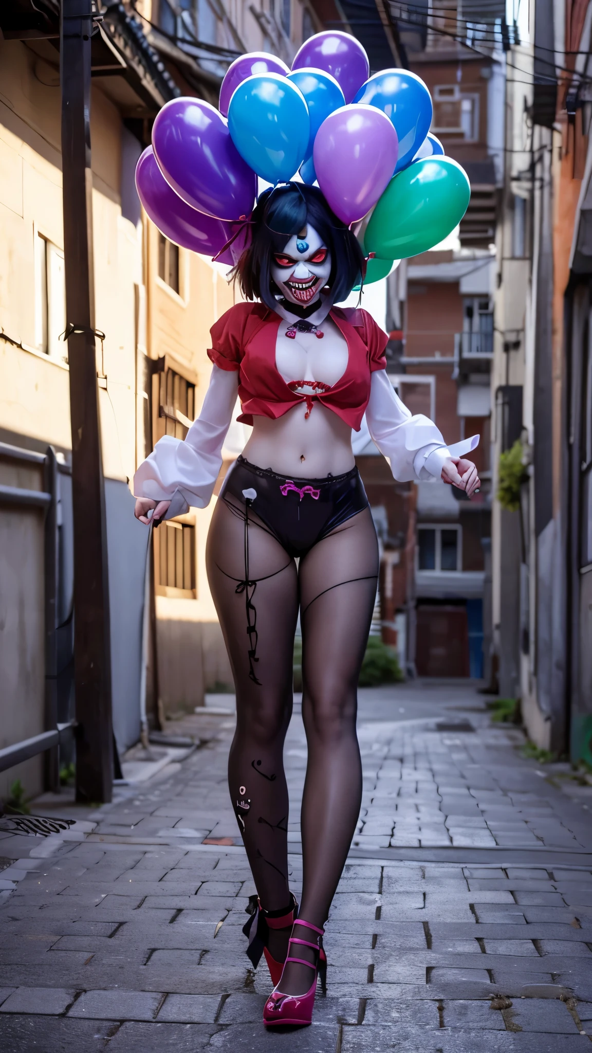 A twisted clown with a sinister grin, lurking in the shadows of a desolate alleyway, surrounded by a sea of brightly colored balloons,4K.hd
