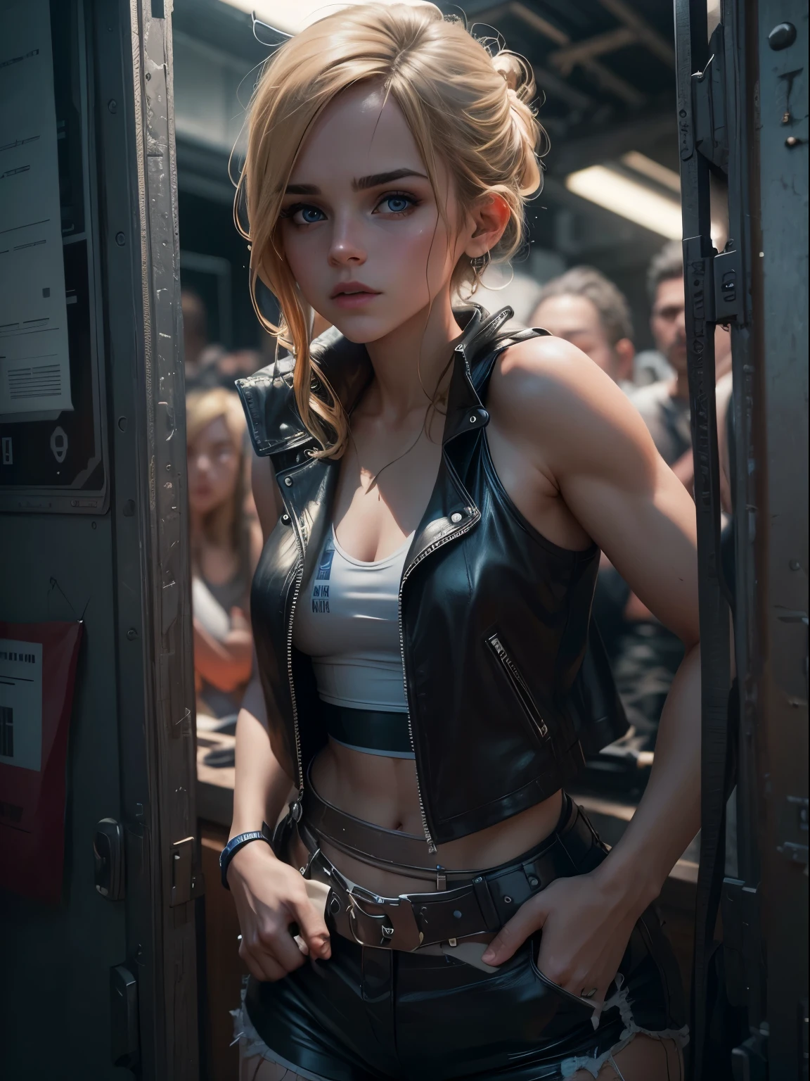Emma Watson does it ,blonde. Shining blue eyes that speak of innocence and acceptance. Slender frame and beautiful figure. Tight leather shorts. crop top. Outside the spacecraft. Muscles exposed through torn clothes. SF. from the back. Please think back.RAW photo, Shapuri, by lee jeffries nikon d850 film stock photo graph 4 kodak portra 400 camera f1.6 lens rich colors hyper 現実的な lifelike texture dramatic lighting unrealengine trending on artstation cinestill 800,
