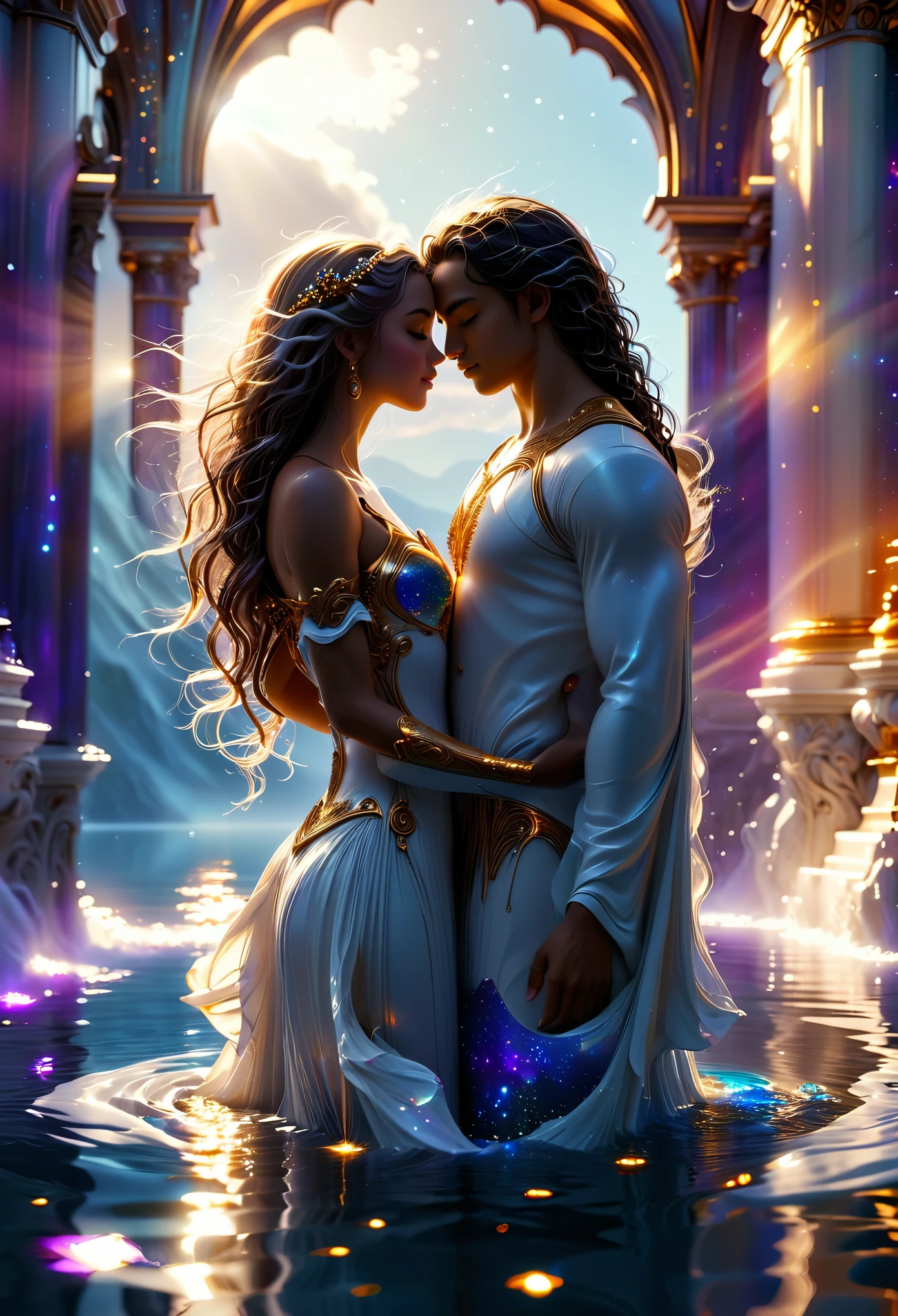 Passionate couple in a celestial landscape, young dark-skinned couple in their 20s, in a lake, a man and a woman, he is a divine prince with long curly brown hair, she is a tan-skinned blonde princess with grey eyes, Full body, 8K, extremely detailed, high quality, (photorealistic:1.37), Full body, ideal proportions and defined complexion, meticulously crafted features, unreachable beauty, perfection, breathtaking elegance, g curves, goddess-like figures, divine symmetry, artistic masterpieces, vivid realism, hyper-detailed sculptures, life-like forms, truly awe-inspiring, impeccable craftsmanship, pure radiance, ethereal beauty, delicate contours, striking poses, sublime beauty, subtle nuances, dynamic compositions, vibrant colors, perfect lighting, soulful expressions, celestial aura, majestic presence, dreamlike atmosphere, unmatched gdetailed octane render trending on artstation, 8 k artistic photography, photorealistic concept art, soft natural volumetric cinematic perfect light, chiaroscuro, award - winning photograph, masterpiece, perfect composition, beautiful detailed intricate insanely
