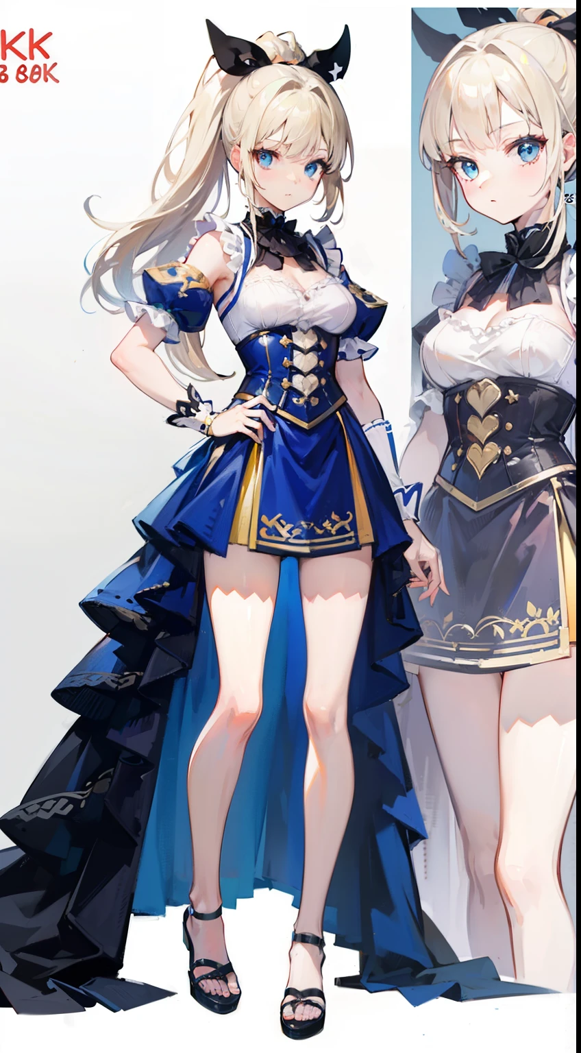 (((8K)), ((top quality)))ung girl, character table, concept art, Whole BodyEsbian, (Masterpiece:1.2), (Top image quality:1.3), 1 girl in, standing, white ribbon ponytail, a sexy, slutty traveler costume, light beige hair,blue eyes