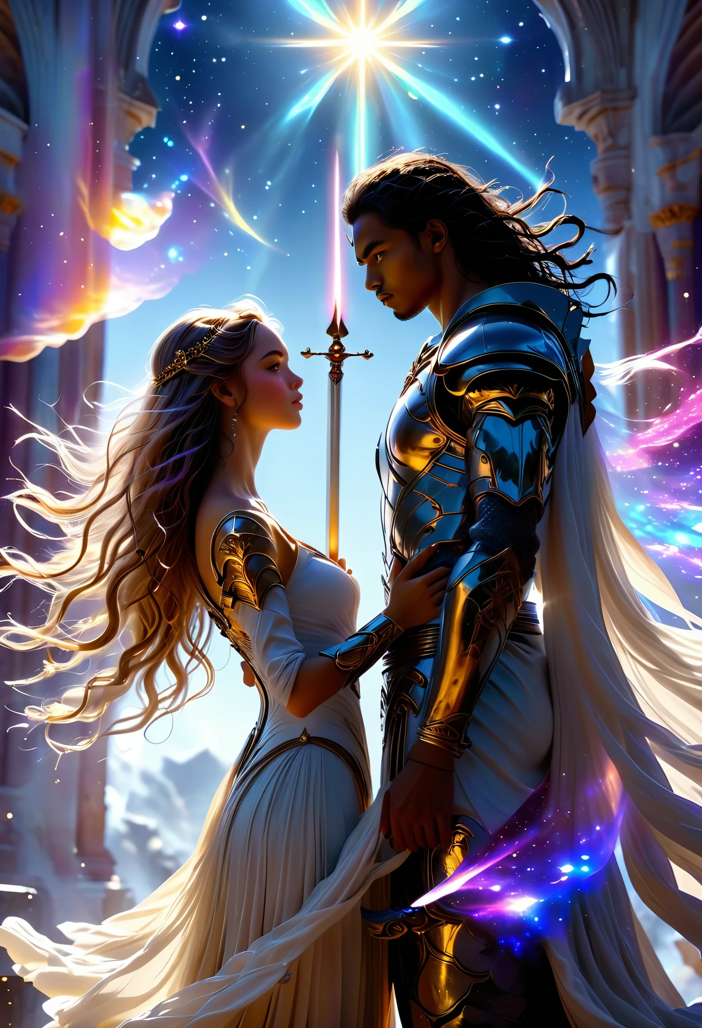 Loving couple in a celestial landscape, young dark-skinned couple in their 20s, on a battlefield, they fight together, a man and a woman, he is a warrior prince with long curly brown hair, he has two swords, she is a mtan-skinned blonde warrior princess with grey eyes, she has a spear, Full body, 8K, extremely detailed, high quality, (photorealistic:1.37), Full body, ideal proportions and defined complexion, meticulously crafted features, unreachable beauty, perfection, breathtaking elegance, g curves, goddess-like figures, divine symmetry, artistic masterpieces, vivid realism, hyper-detailed sculptures, life-like forms, truly awe-inspiring, impeccable craftsmanship, pure radiance, ethereal beauty, delicate contours, striking poses, sublime beauty, subtle nuances, dynamic compositions, vibrant colors, perfect lighting, soulful expressions, celestial aura, majestic presence, dreamlike atmosphere, unmatched gdetailed octane render trending on artstation, 8 k artistic photography, photorealistic concept art, soft natural volumetric cinematic perfect light, chiaroscuro, award - winning photograph, masterpiece, perfect composition, beautiful detailed intricate insanely
