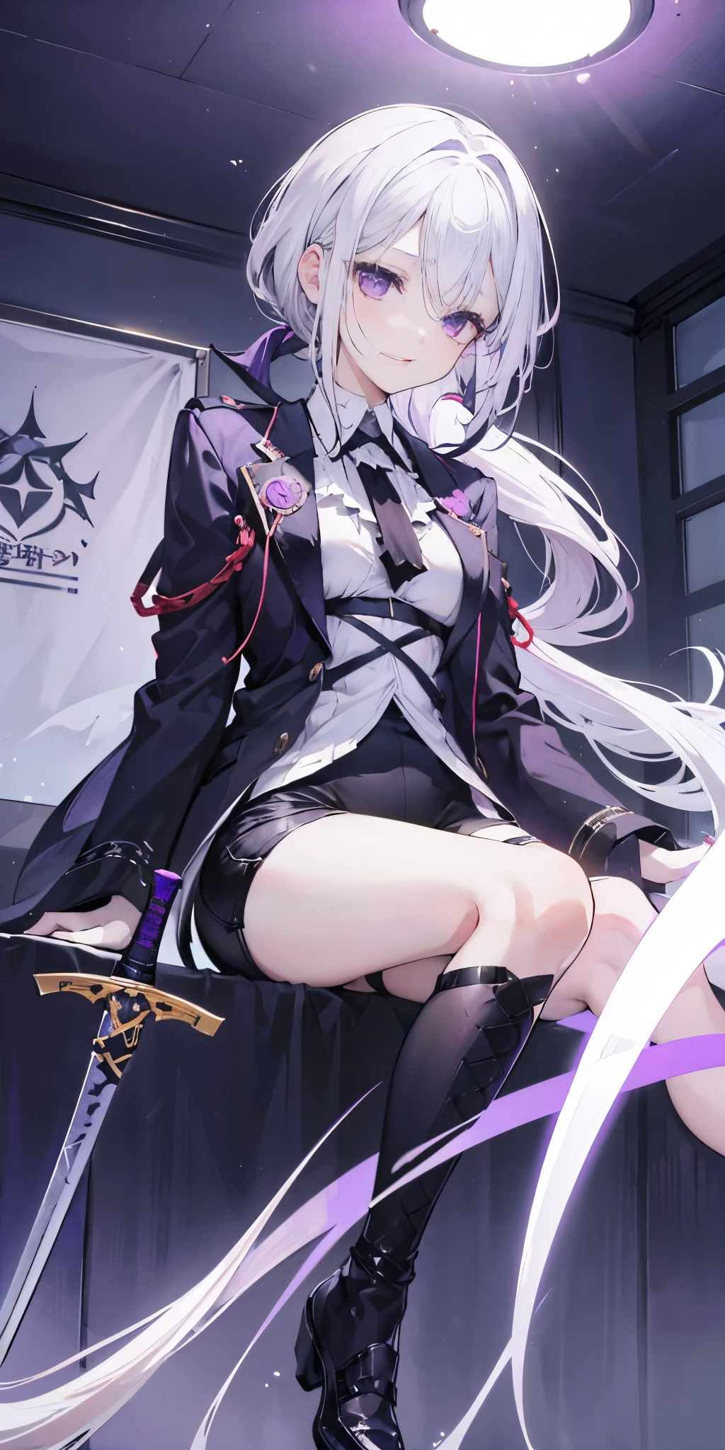 1 girl, medium breasts, purple eyes, (((white hair))), hair accessories, High, young, Equipment-Sword, long hair, tie hair, indoors, black shorts, Raise your legs high, low ponytail