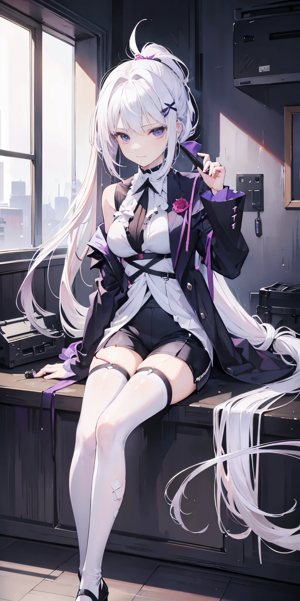 1 girl, medium breasts, purple eyes, (((white hair))), hair accessories, High, young, Equipment-Sword, long hair, tie hair, indoors, black shorts, Raise your legs high, low ponytail