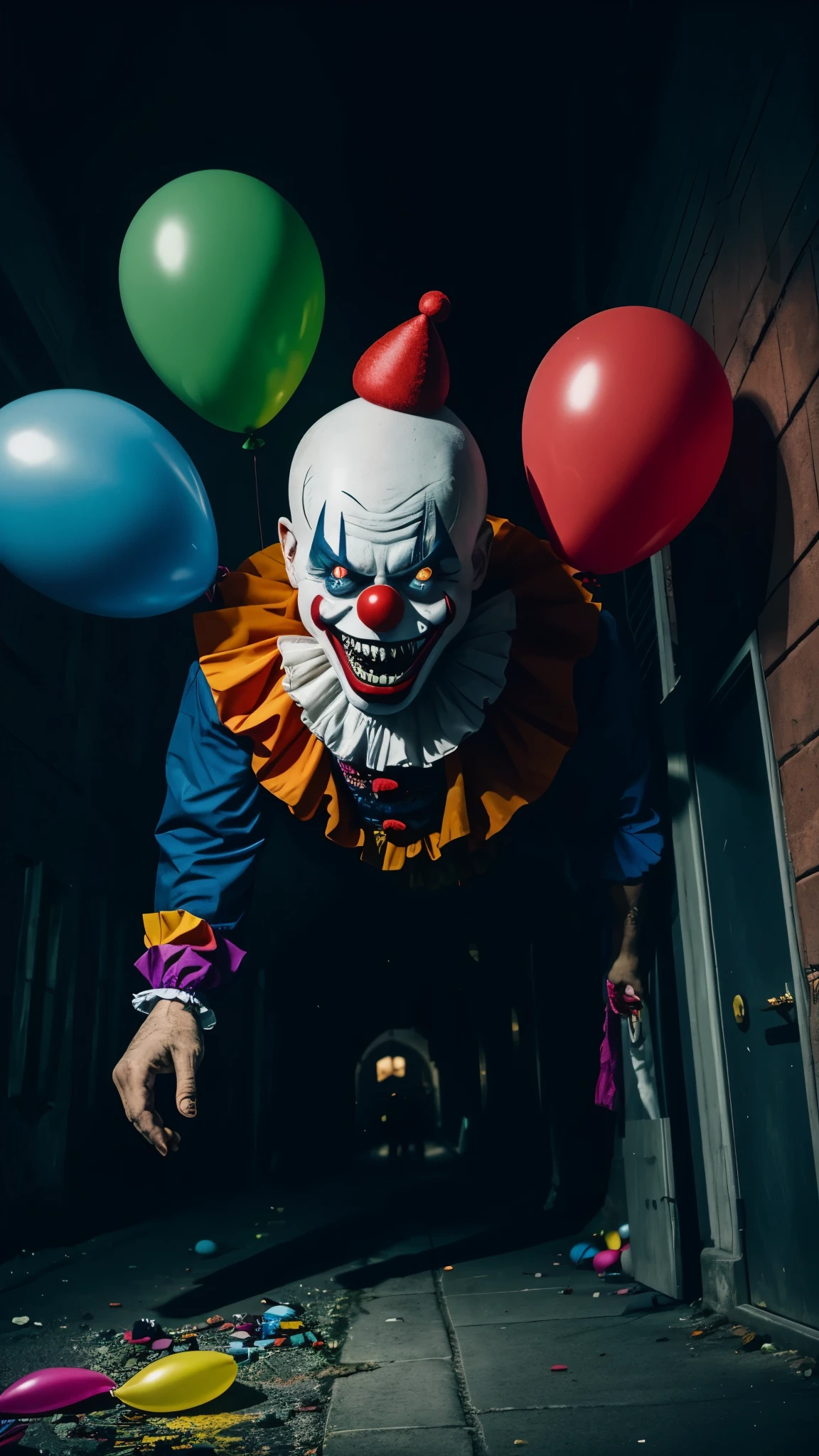 A twisted clown with a sinister grin, lurking in the shadows of a desolate alleyway, surrounded by a sea of brightly colored balloons,4K.hd