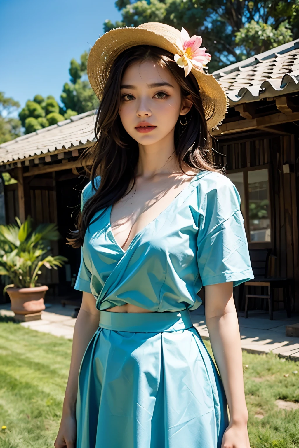 ideal tits, cyan deep-v blouse, stomach, skirt, grass trees flower building background