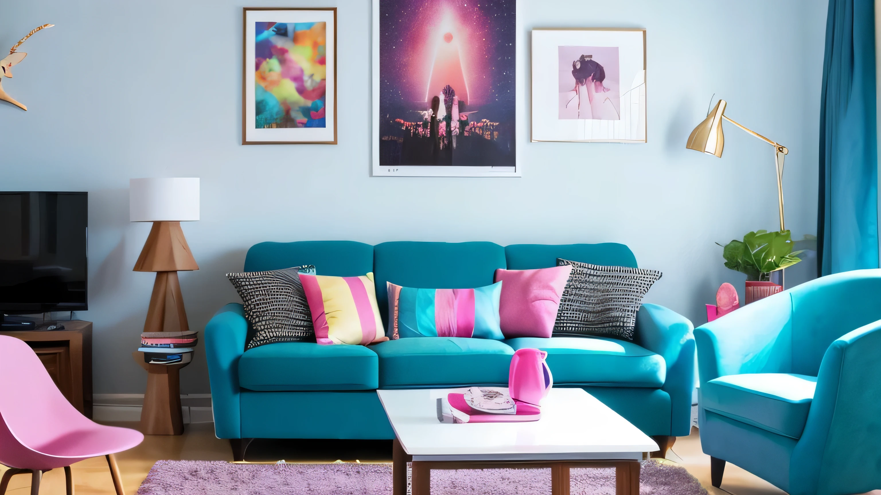 There is a sofa in front of the straight living room.。 The walls and floors are decorated with idol posters and goods..。 There&#39;It&#39;s a clock on the wall。this is a female ager&#39;my room.。There are many colorful items such as pink and light blue.。There is a pink or light blue light.。There&#39;No table。