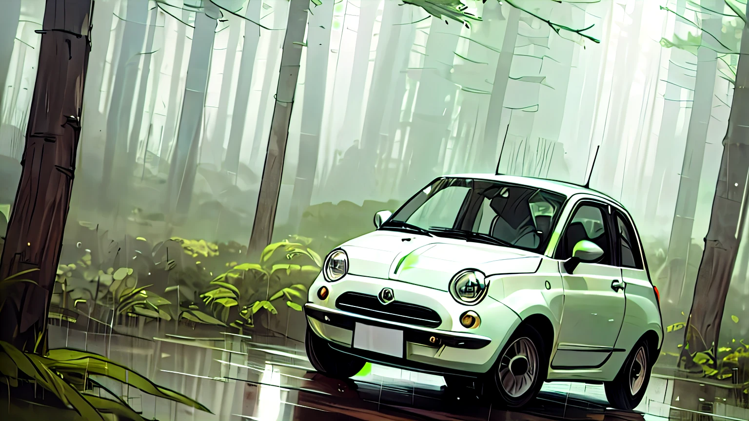 深いforestの中、forest、forestForest、Forest、wood々、wood、深いforest、rain、土砂降りのrain、fiat500 parked、drawing drawing、