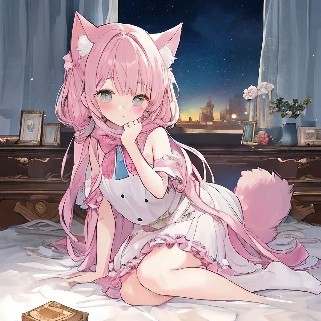 Beautiful illustrations, Highest quality, masterpiece, detailed, One person,small,cute,blush,smile,White chemise dress, Pink Hair,Long Hair,Cat ear,(Fox tail),Sitting on a white futon, Cowgirl, From below, Cowboy Shot, ((Japanese-style room)), (darkness), Perfect Legs,barefoot