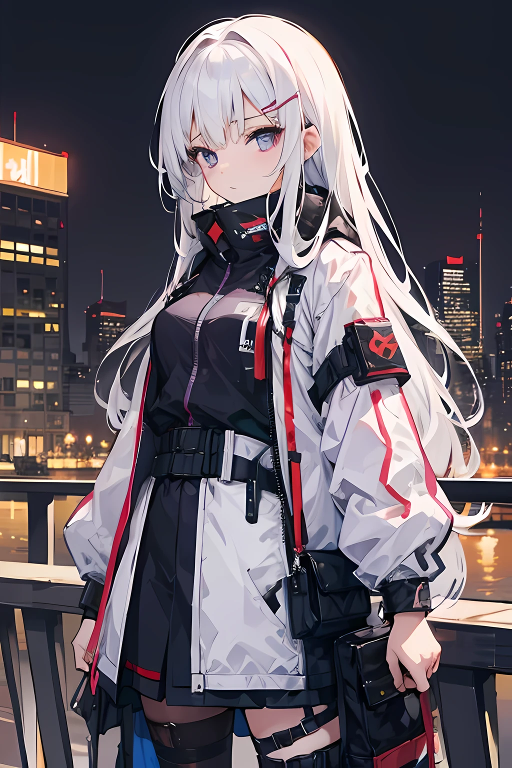 1 chica, pelo blanco, pelo largo, Technological clothing, Obra maestra, mejor calidad, realista, realism, chaqueta morada oscura, en un puente, ojos detallados