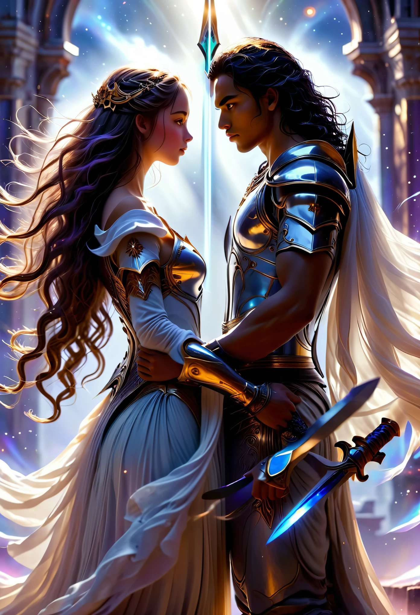 A realistic photograpy of a Loving couple in a celestial landscape, young dark-skinned couple in their 20s, on a battlefield, they fight together, a man and a woman, he is a warrior prince with long curly brown hair, he has two swords, she is a mtan-skinned blonde warrior princess with grey eyes, she has a spear, Full body, 8K, extremely detailed, high quality, (photorealistic:1.37), Full body, ideal proportions and defined complexion, meticulously crafted features, unreachable beauty, perfection, breathtaking elegance, g curves, goddess-like figures, divine symmetry, artistic masterpieces, vivid realism, hyper-detailed sculptures, life-like forms, truly awe-inspiring, impeccable craftsmanship, pure radiance, ethereal beauty, delicate contours, striking poses, sublime beauty, subtle nuances, dynamic compositions, vibrant colors, perfect lighting, soulful expressions, celestial aura, majestic presence, dreamlike atmosphere, unmatched gdetailed octane render trending on artstation, 8 k artistic photography, photorealistic concept art, soft natural volumetric cinematic perfect light, chiaroscuro, award - winning photograph, masterpiece, perfect composition, beautiful detailed intricate insanely
